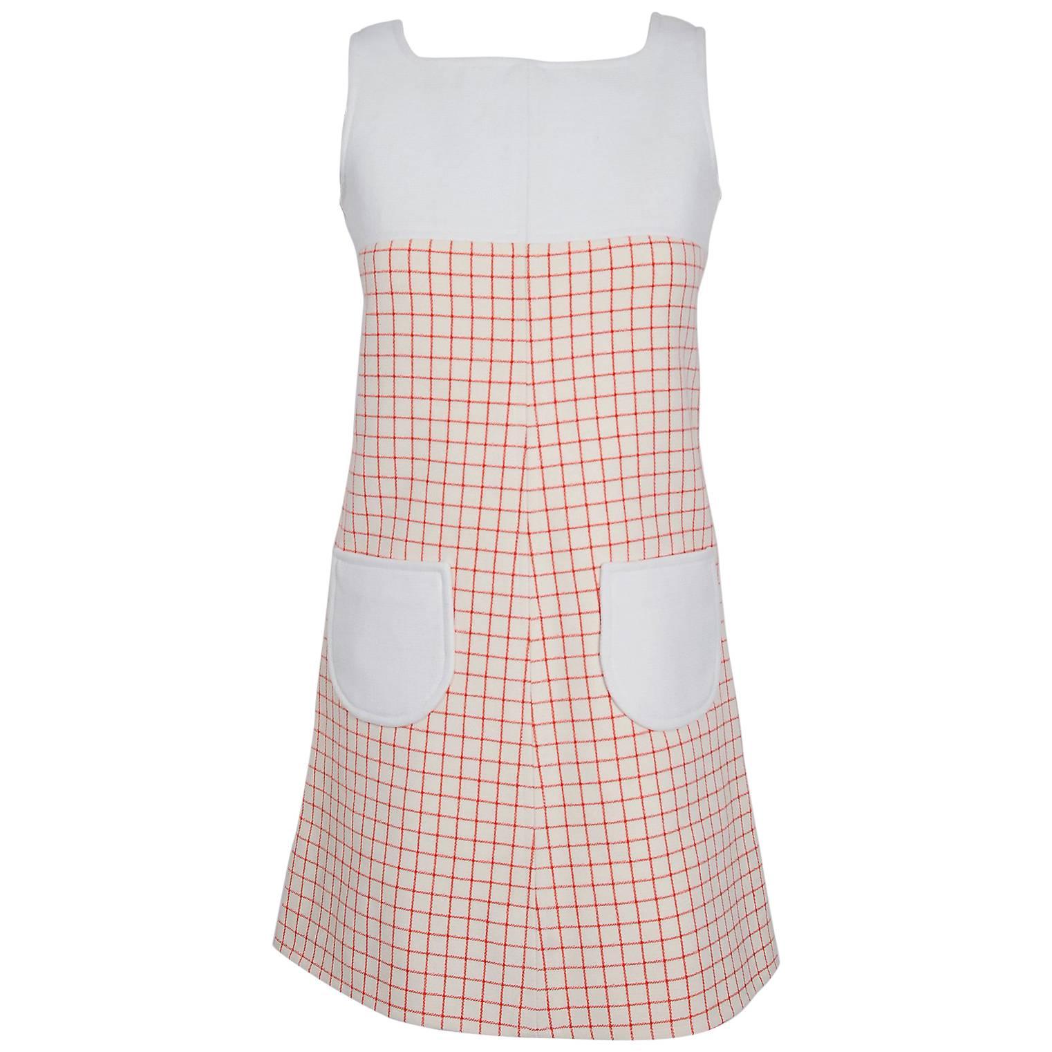 1967 Courreges Couture Ivory 
Red Checkered Wool Mod Space-Age Mini Dress