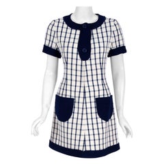 Retro 1967 Courreges Couture Navy-Blue Ivory Checkered Wool Mod Space-Age Mini Dress
