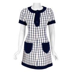 1967 Courreges Couture Navy-Blue Ivory Checkered Wool Mod Space-Age Mini Dress