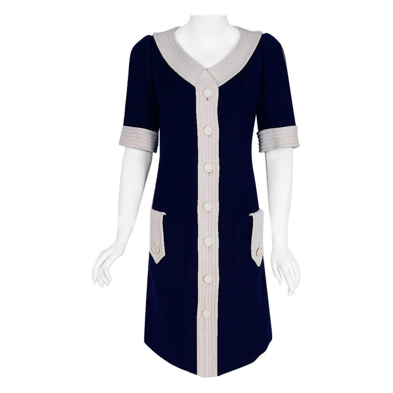 1967 Courreges Couture Navy-Blue and White Wool Block Color Mod Space ...