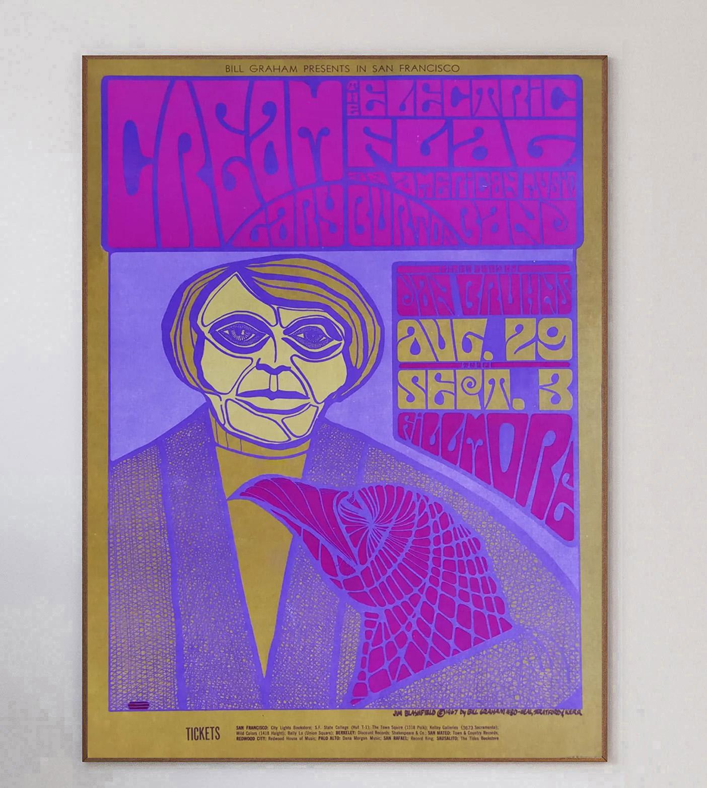 Disegnato dall'artista di poster per concerti Jim Blashfield, questo bellissimo poster è stato creato nel 1967 per promuovere un concerto live dei Cream al famoso Fillmore di San Francisco. Eventi come questo erano ben noti per la loro ormai iconica