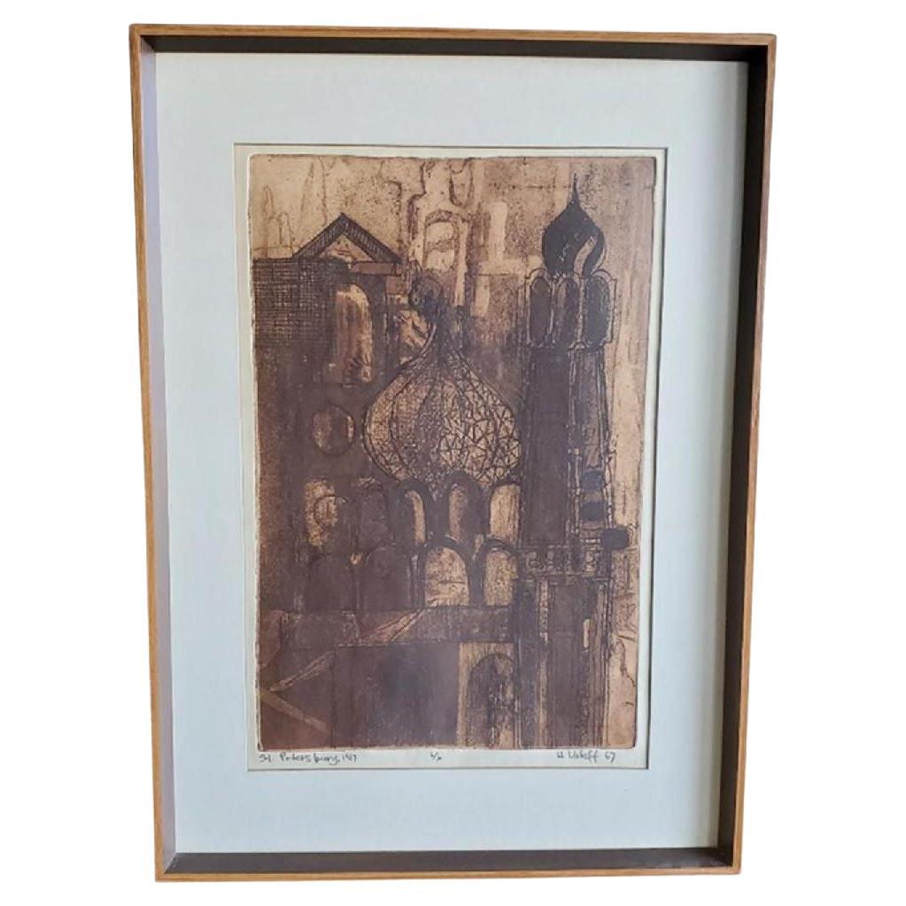 Gravure de 1967 intitulée, datée, signée, numéro de série « Saint-Pétersbourg » n° 6/6 Artiste H. Valoff en vente