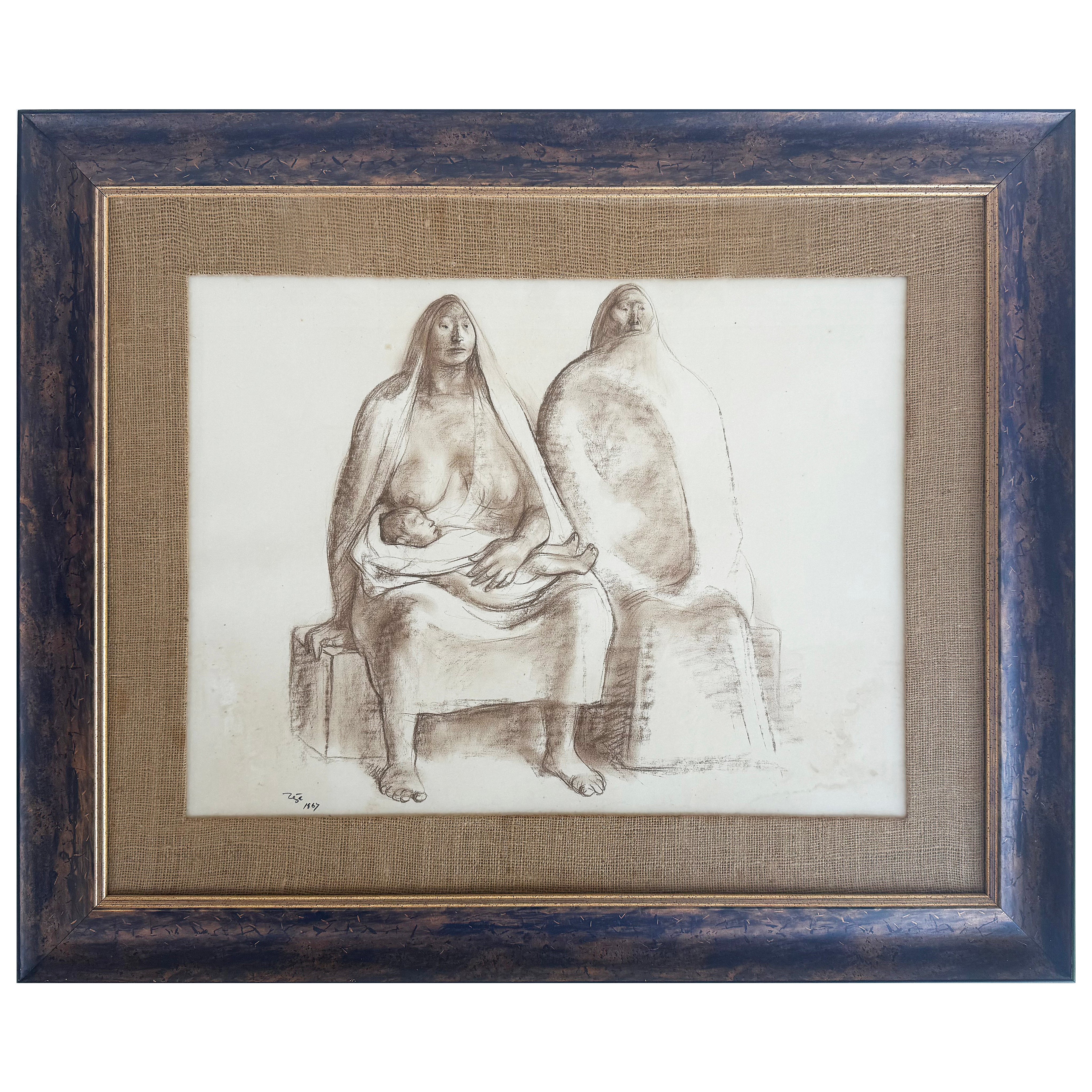 1967 Francisco Zúñiga Pastell Zeichnung Mutter, Kind, Provenienz Sotheby
s NY