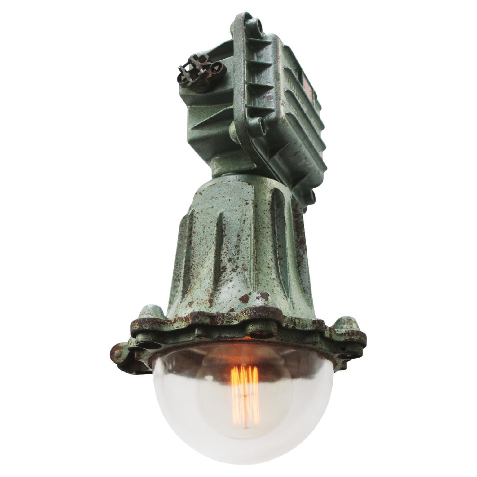 1967 French Pendant Light by Perfeclair in Green Cast Iron 
Glass For Sale