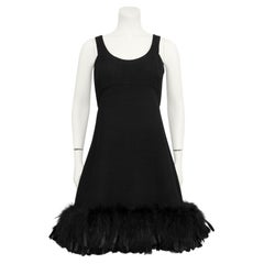 Vintage 1967 Geoffrey Beene Black Wool Cocktail Dress with Feather Trim 