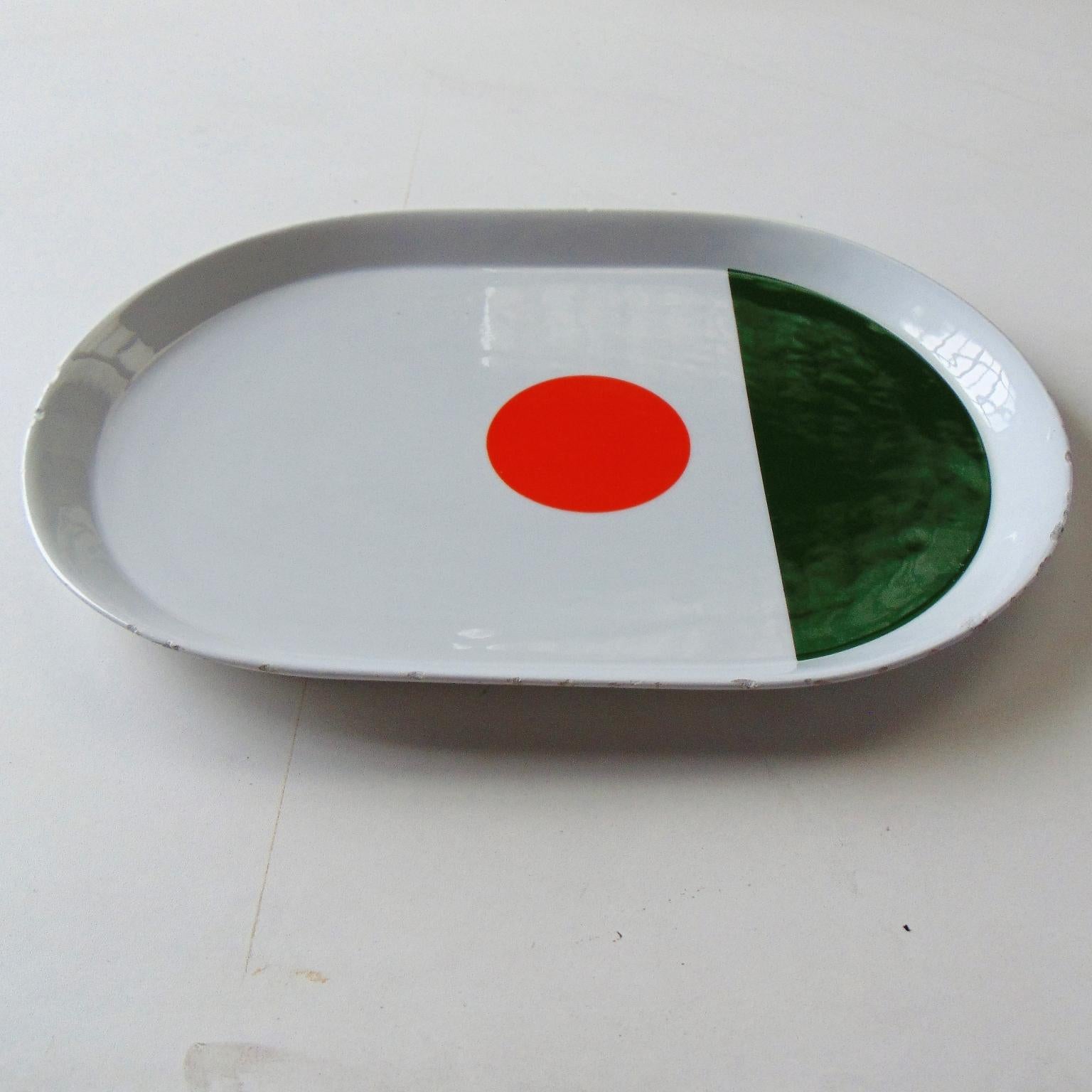 1967 Gio Ponti Green Orange White Serving Plate Glazed Porcelain, Pozzi, Italy 1
