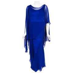 1967 Givenchy Haute Couture Cobalt Blue Draped Sheer Silk Chiffon Caftan Gown