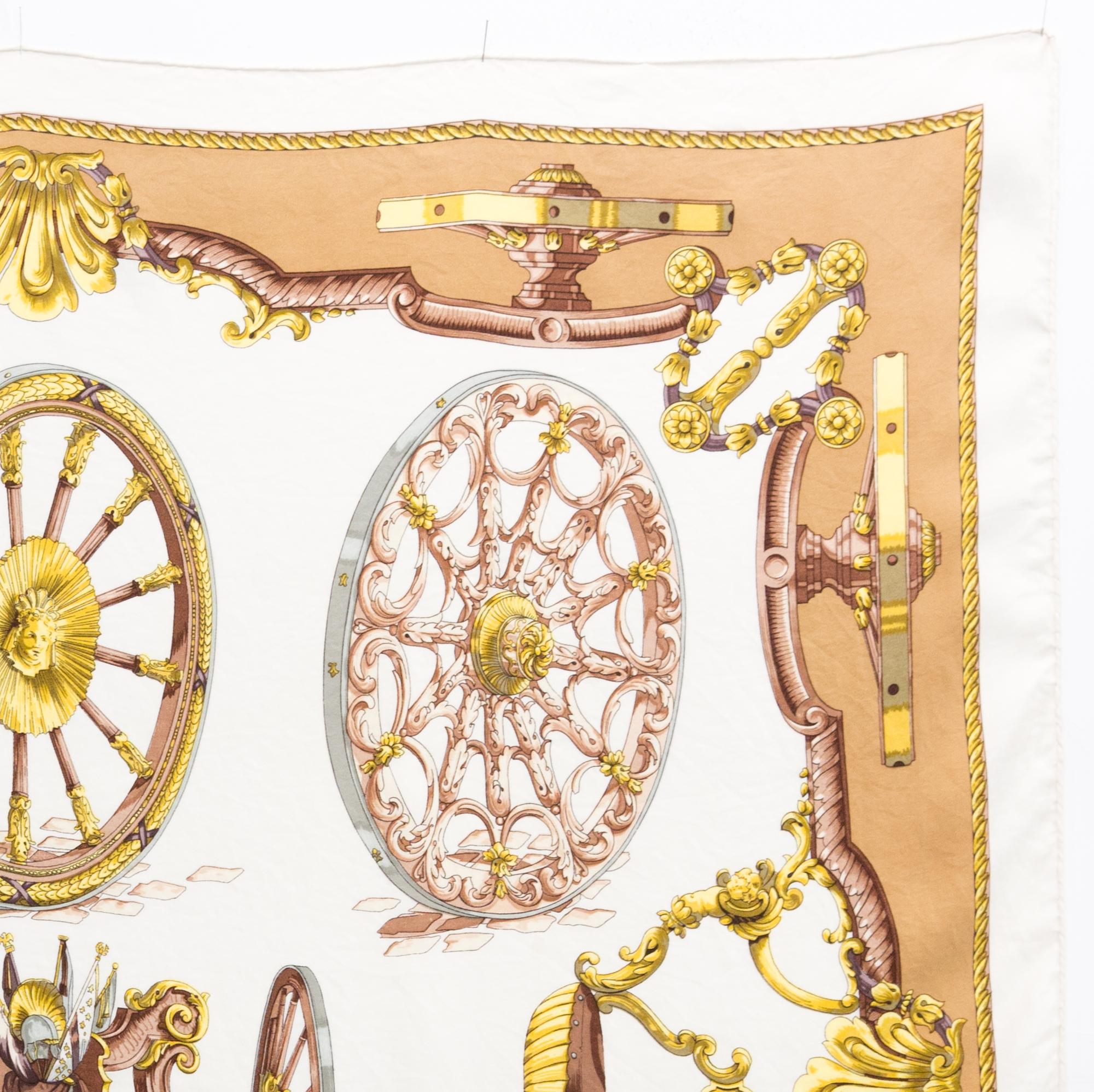 Beige 1967 Hermes Les Roues de Canon by Caty Silk Scarf For Sale