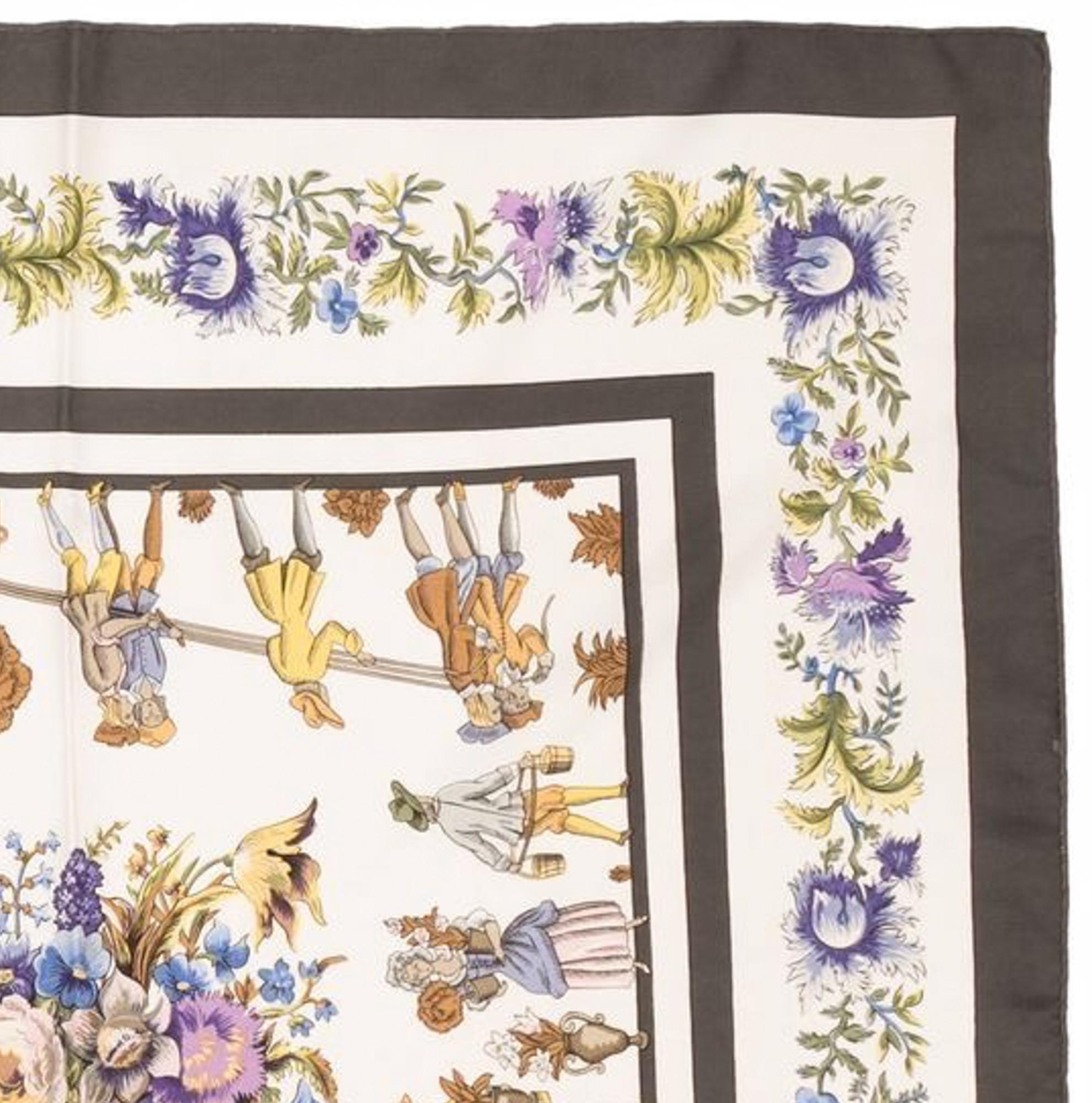 Beige 1967 Hermes Multicoloured Les Jardiniers du Roy by Maurice Tranchant Silk Scarf