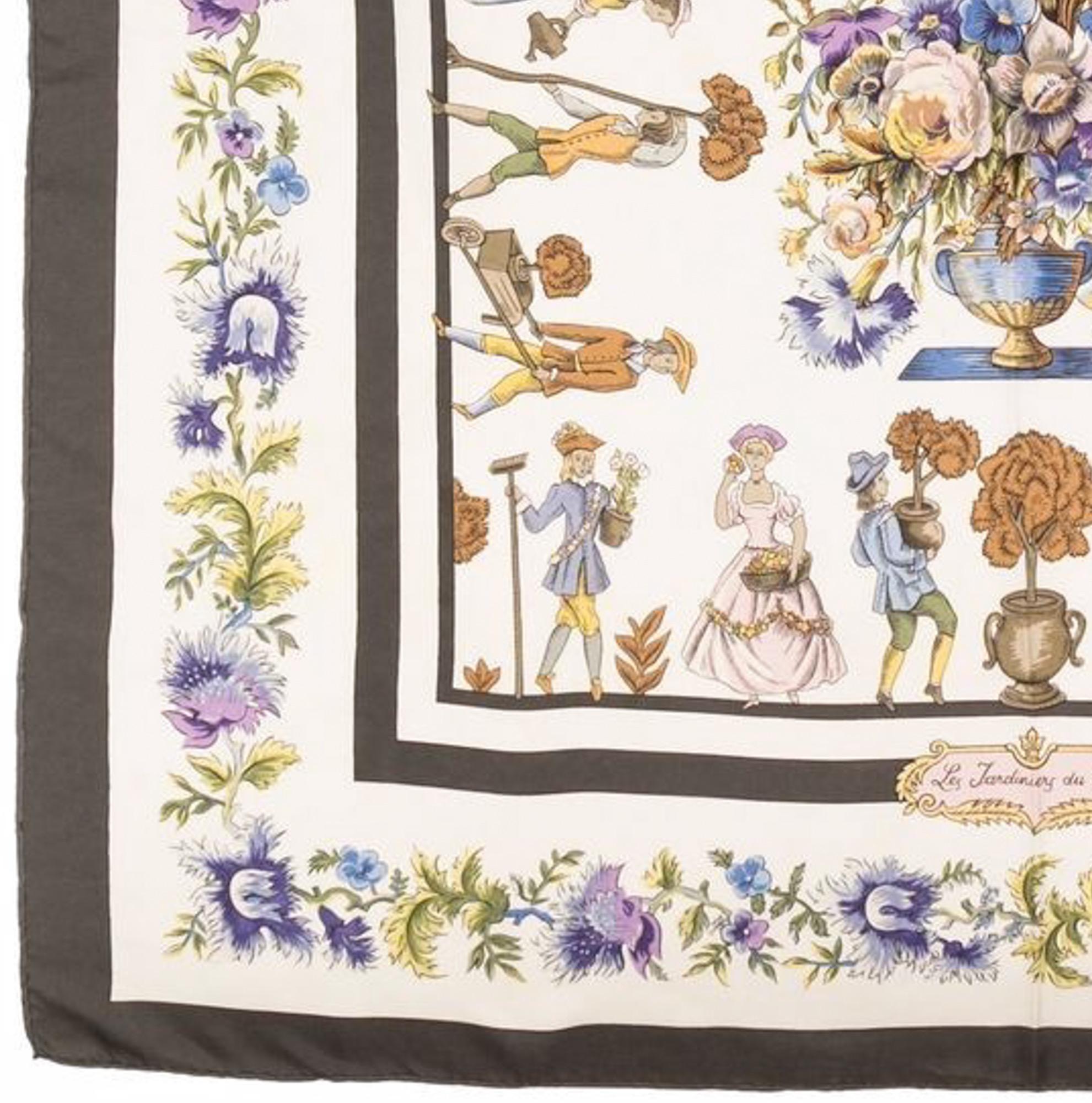1967 Hermes Multicoloured Les Jardiniers du Roy by Maurice Tranchant Silk Scarf In Good Condition In Paris, FR