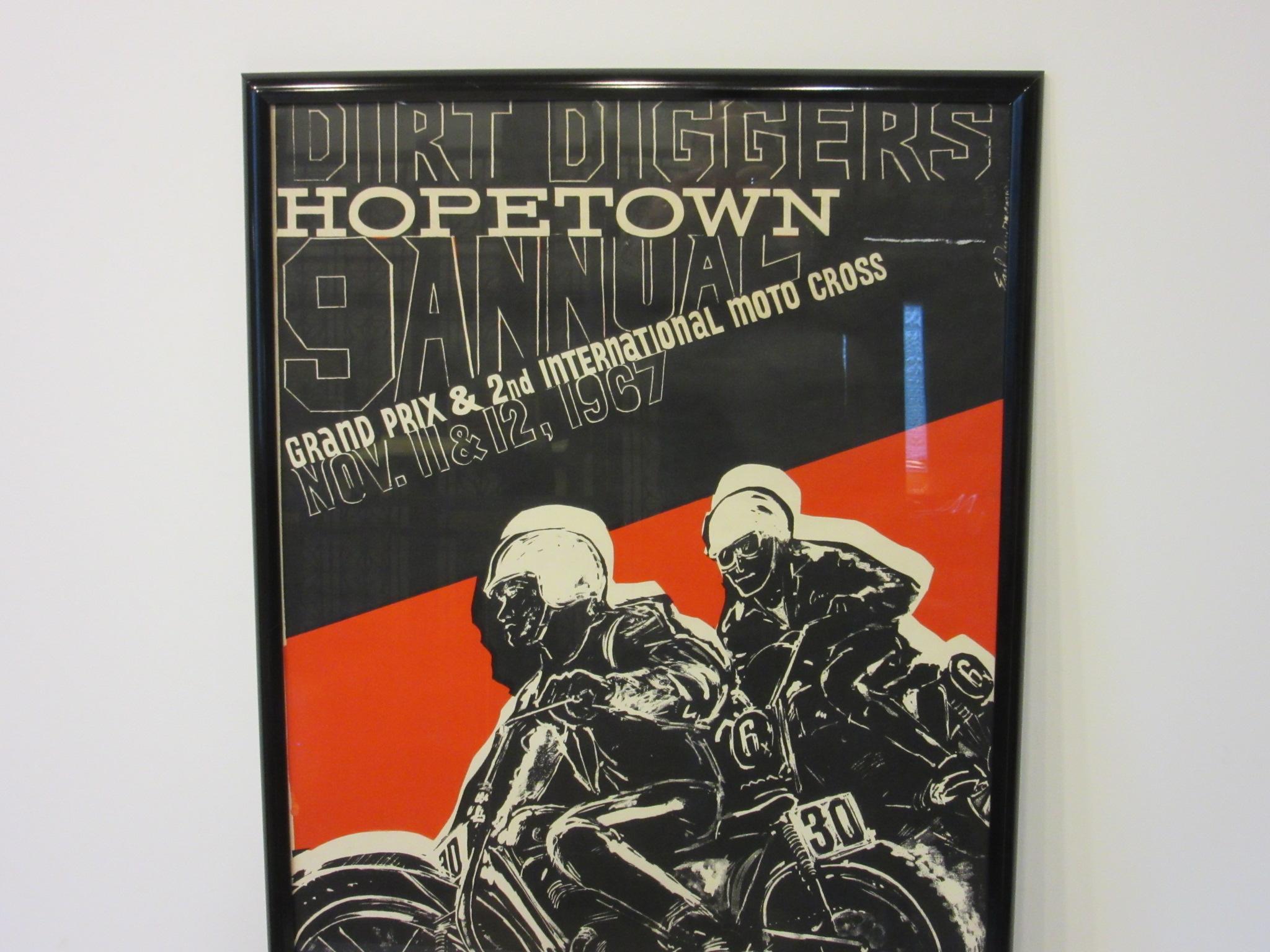 A vintage 1967 Dirt Diggers Hopetown motorcycle Grand Prix and International Moto Cross poster by California artist Earl Newman. Signed in the plate this was one of the earliest uses of the term Moto Cross which was termed in Europe.