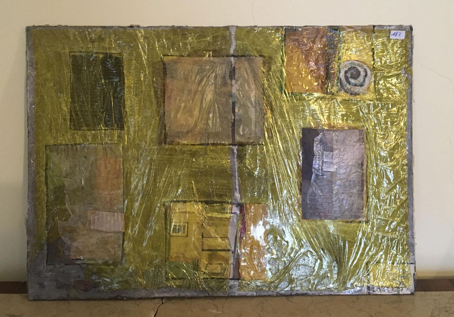 This stunning abstract artwork was made in 1967, by the well known Italian artist Ermete Lancini.
The artwork is a painting and a collage with newspaper sheet and other glued elements on the surface and on the back.
In effect the back also can be
