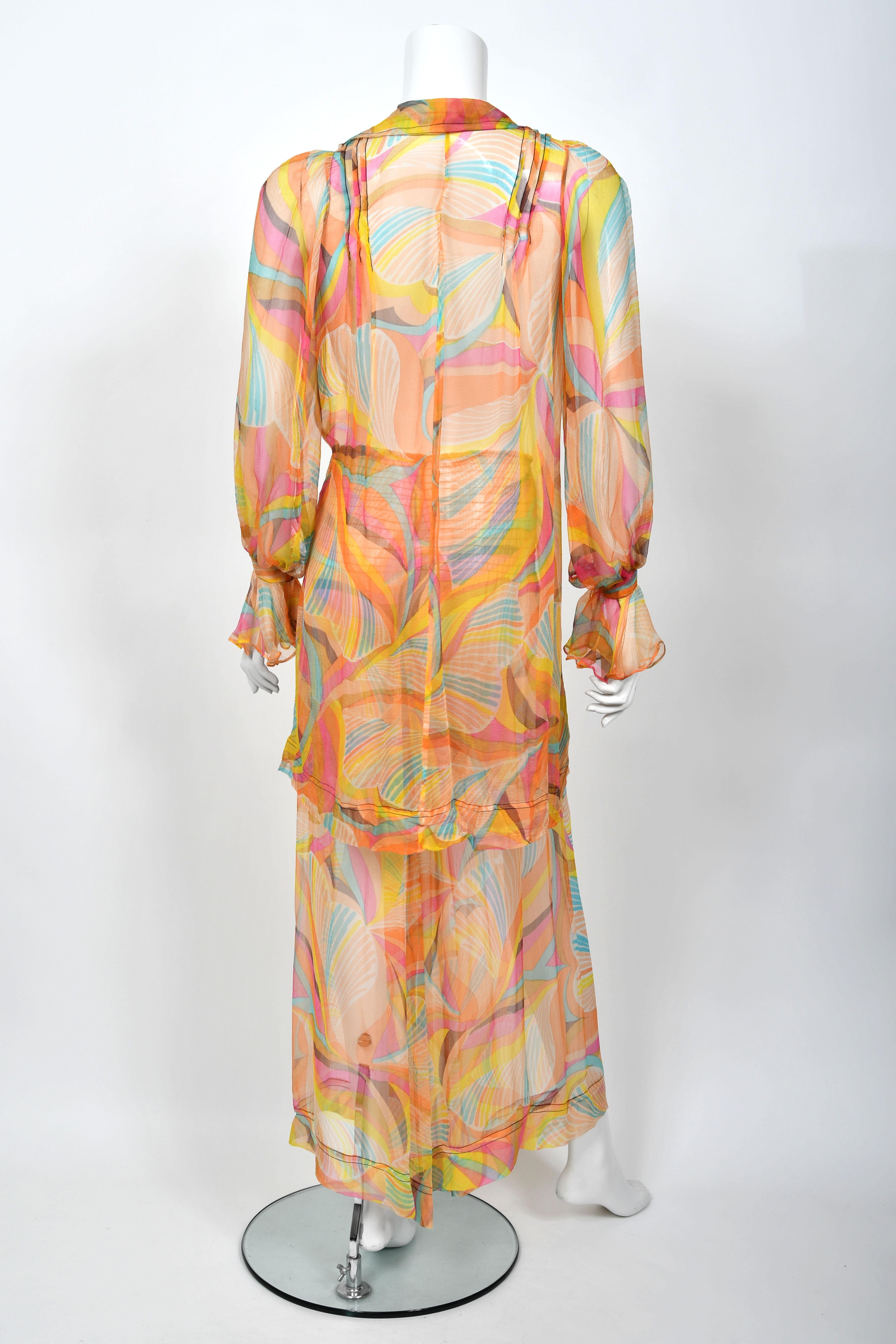 1967 Jean Muir Documented Psychedelic Op-Art Sheer Silk Tunic Mini Dress & Pants For Sale 11