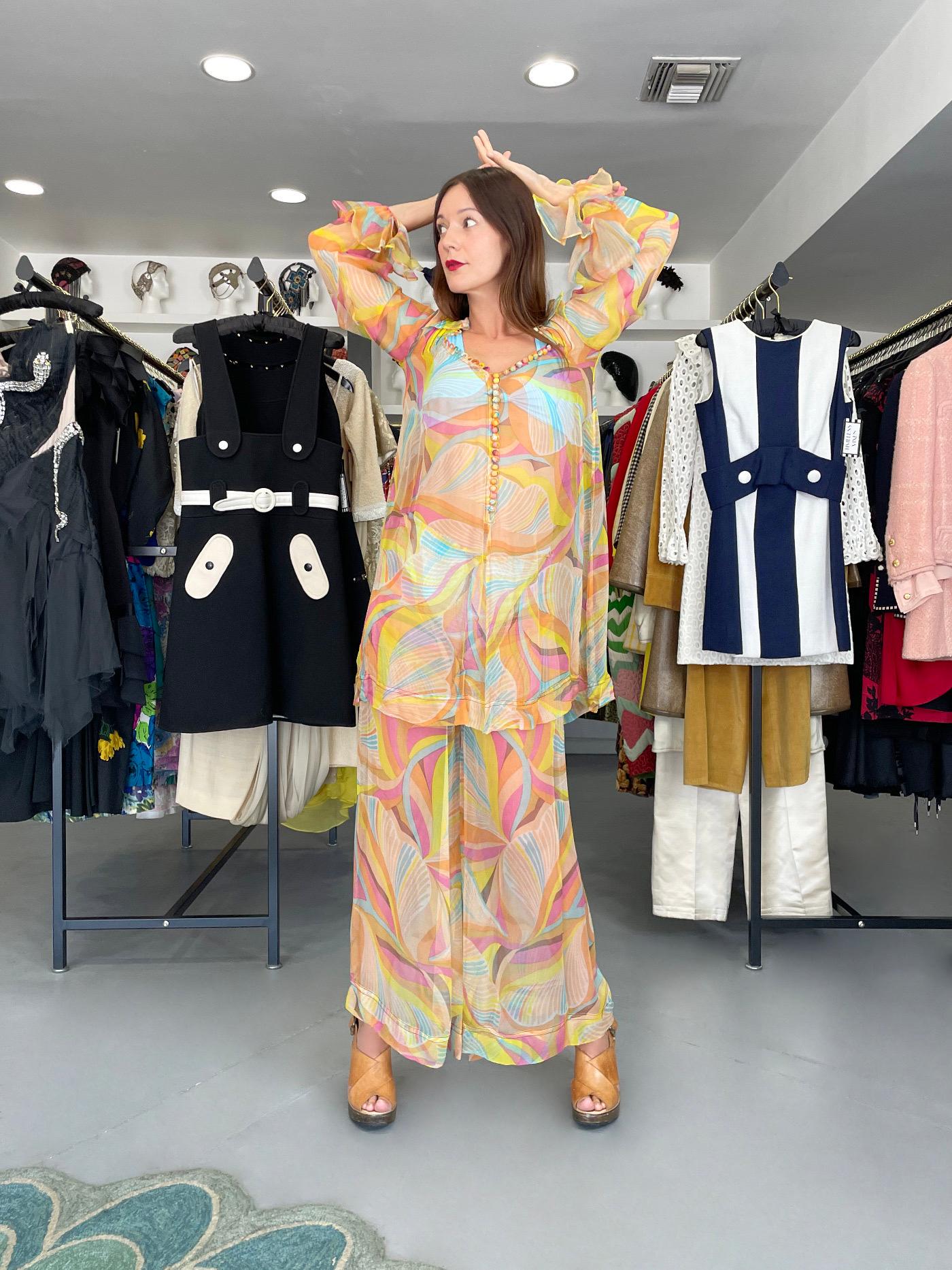 1967 Jean Muir Documented Psychedelic Op-Art Sheer Silk Tunic Mini Dress & Pants For Sale 14