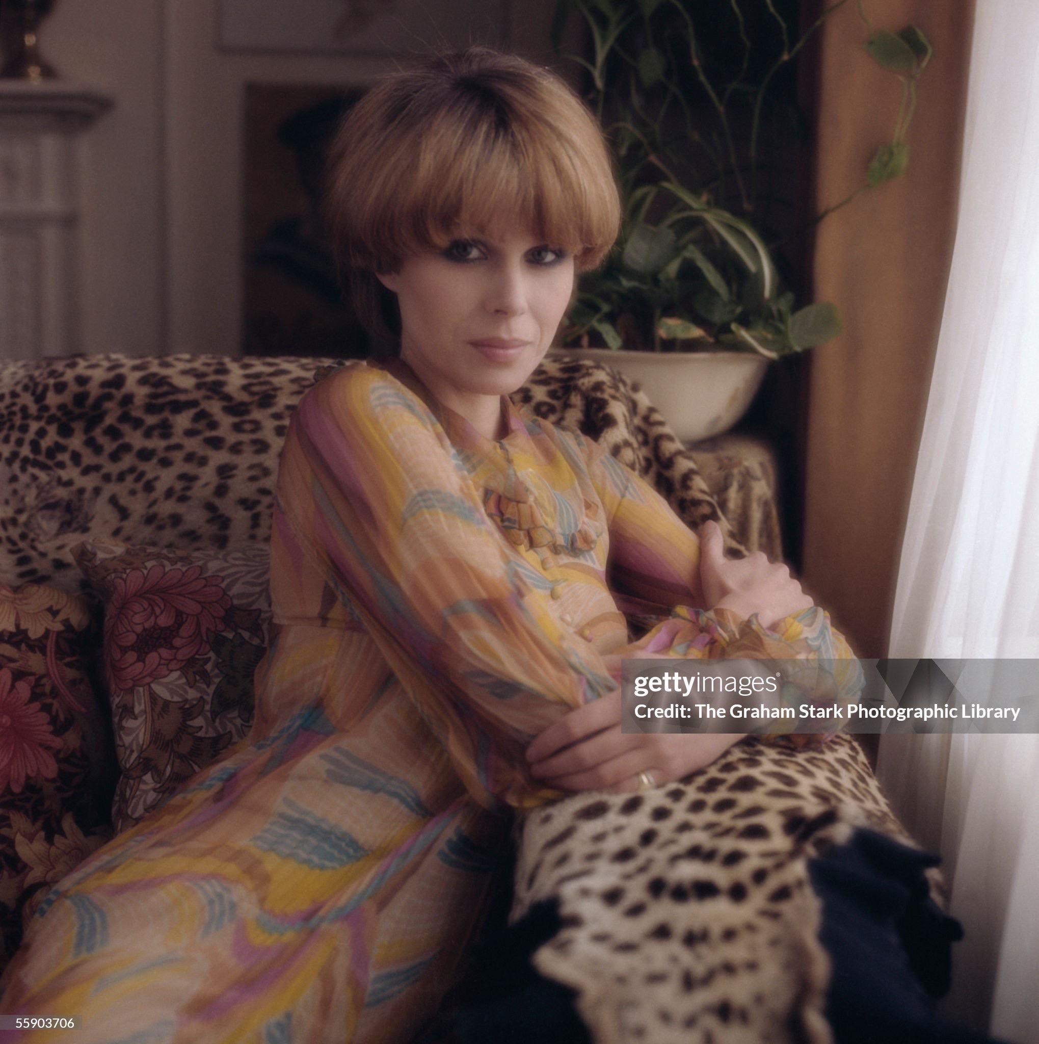 An ultra rare and incredibly gorgeous Jean Muir colorful psychedelic graphic print sheer silk chiffon tunic pantsuit dating back to her 1967 spring/summer collection. As shown, British actress Joanna Lumley was famously photographed twice in a sheer