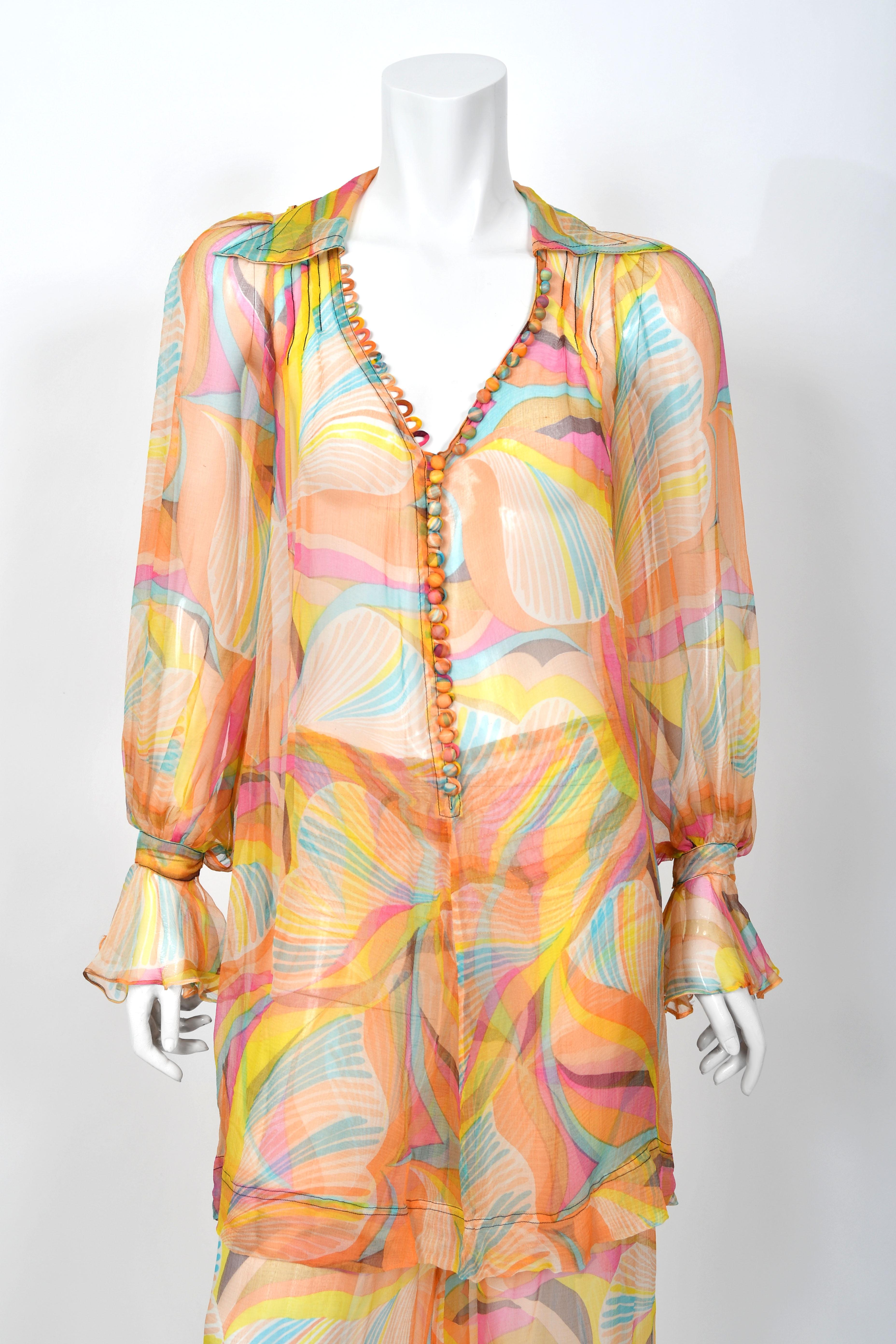 1967 Jean Muir Documented Psychedelic Op-Art Sheer Silk Tunic Mini Dress & Pants For Sale 2