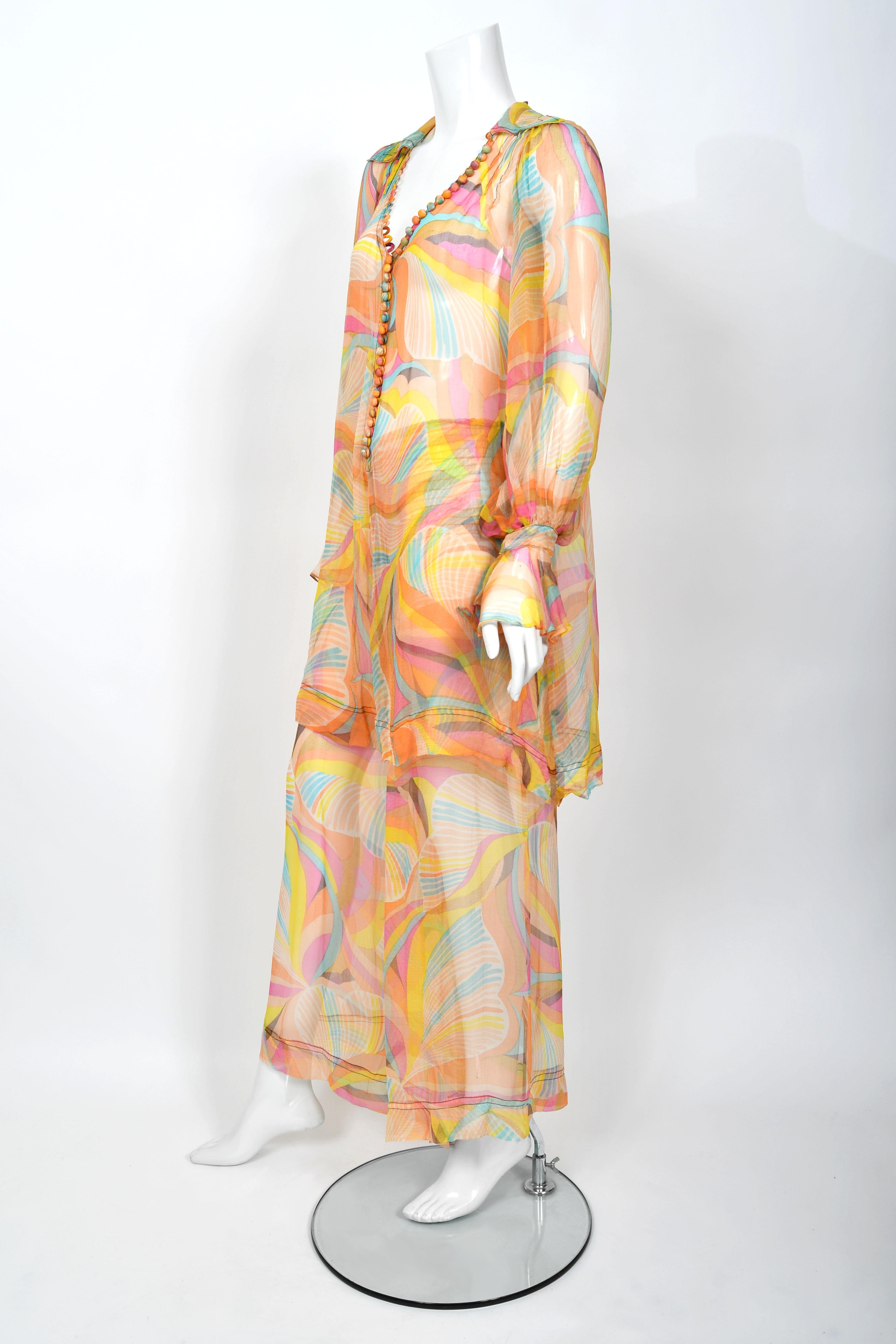 1967 Jean Muir Documented Psychedelic Op-Art Sheer Silk Tunic Mini Dress & Pants For Sale 3