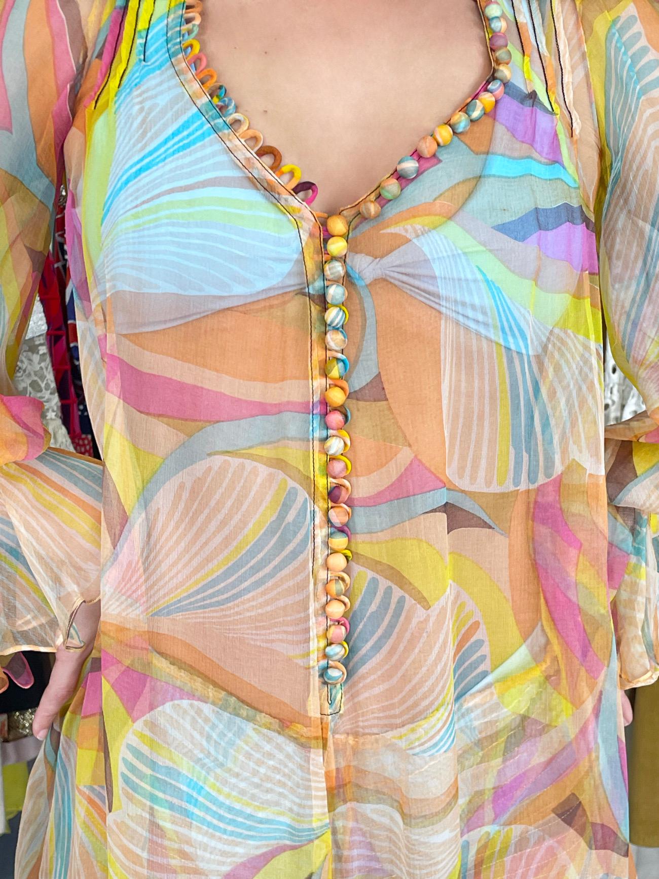 Women's 1967 Jean Muir Documented Psychedelic Op-Art Sheer Silk Tunic Mini Dress & Pants For Sale