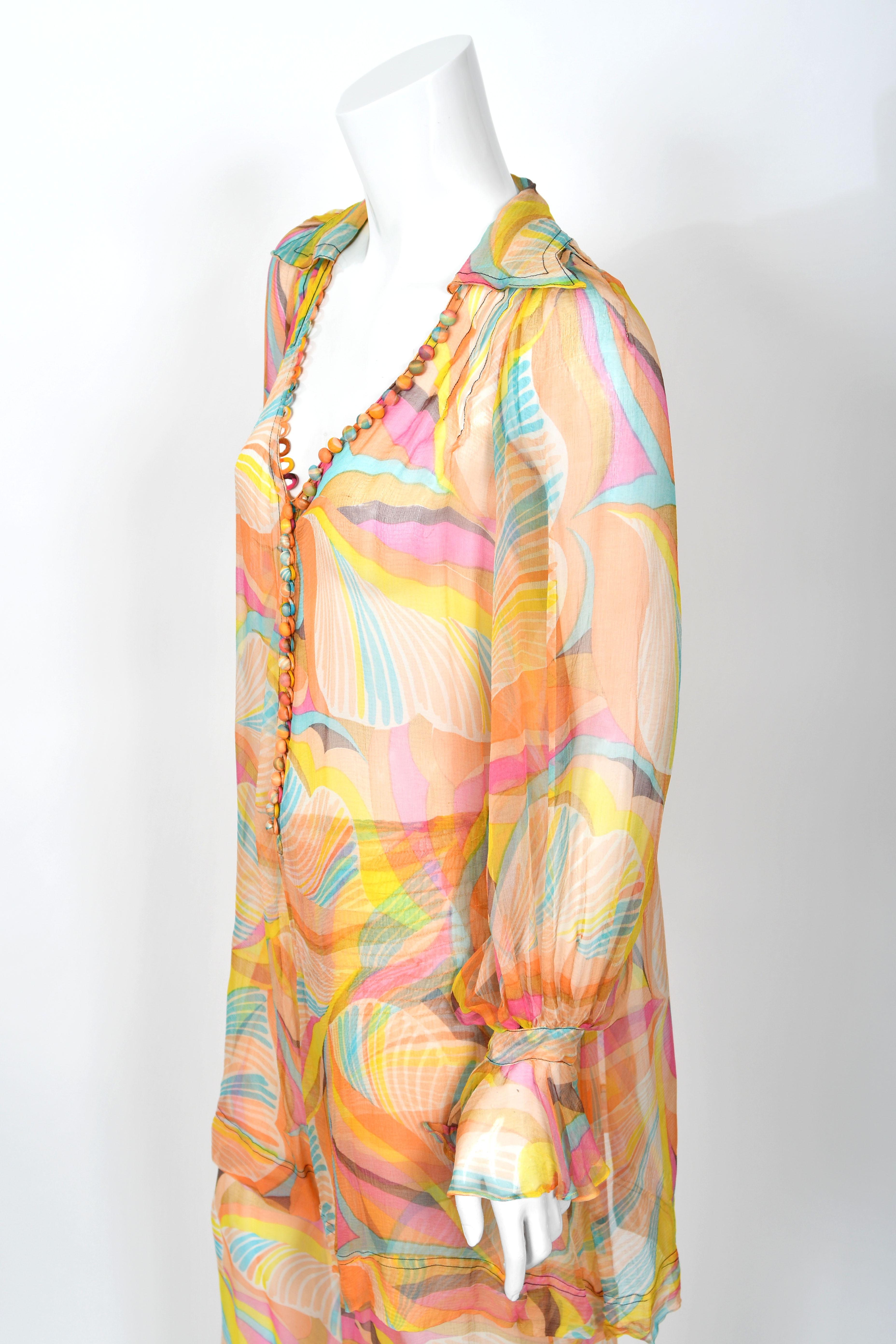 1967 Jean Muir Documented Psychedelic Op-Art Sheer Silk Tunic Mini Dress & Pants For Sale 4