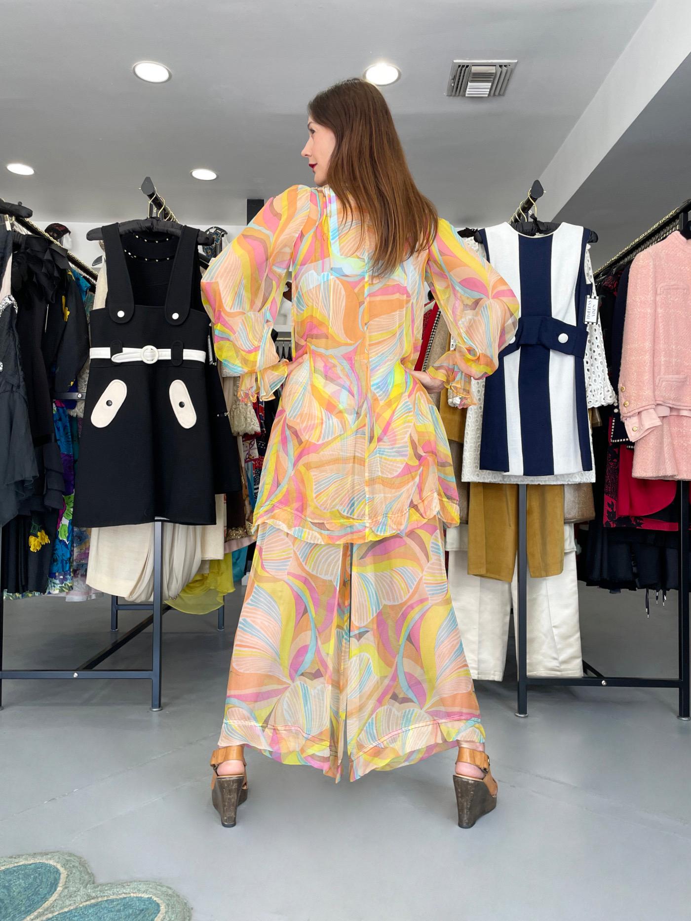 1967 Jean Muir Documented Psychedelic Op-Art Sheer Silk Tunic Mini Dress & Pants For Sale 1