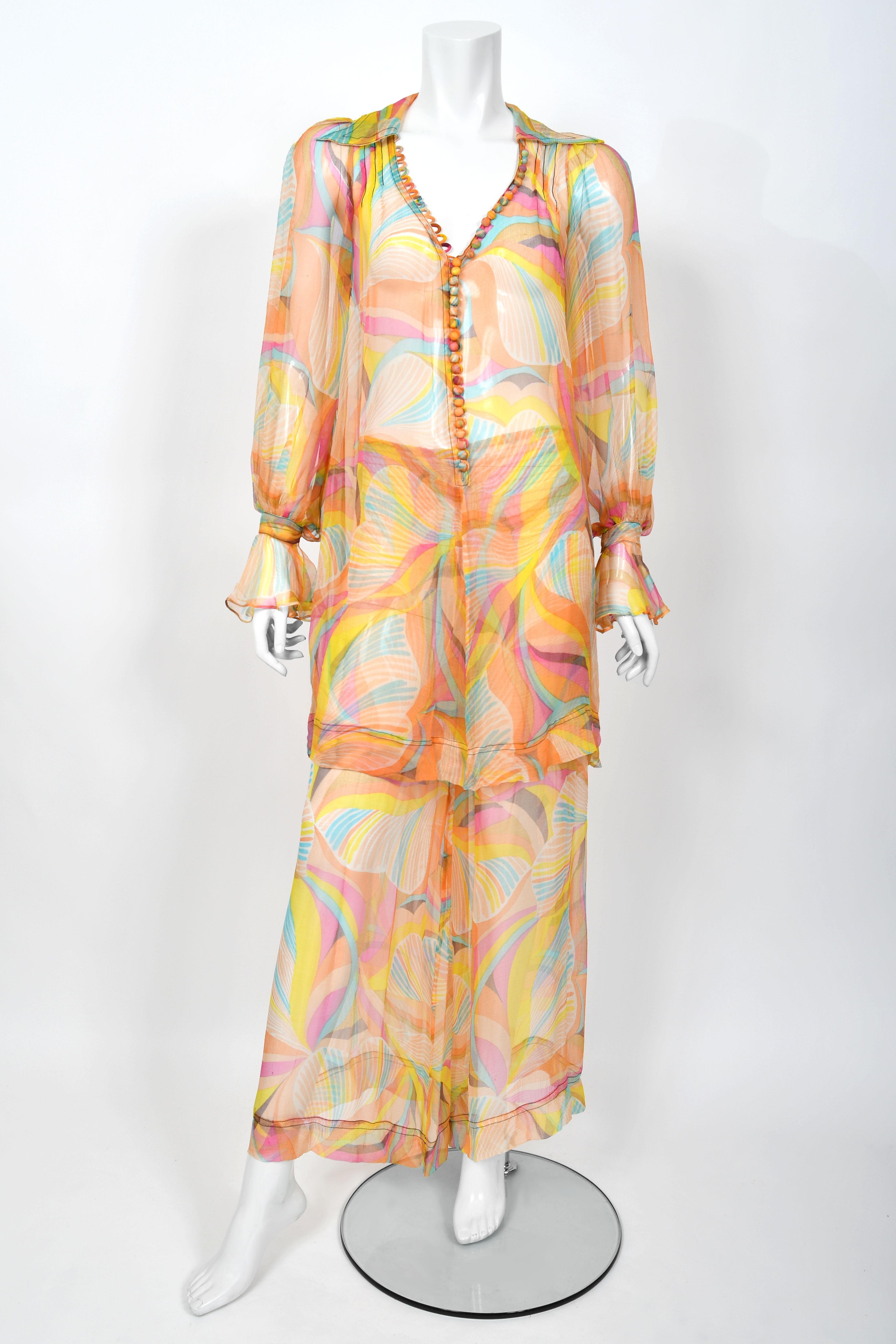 1967 Jean Muir Documented Psychedelic Op-Art Sheer Silk Tunic Mini Dress & Pants For Sale 5