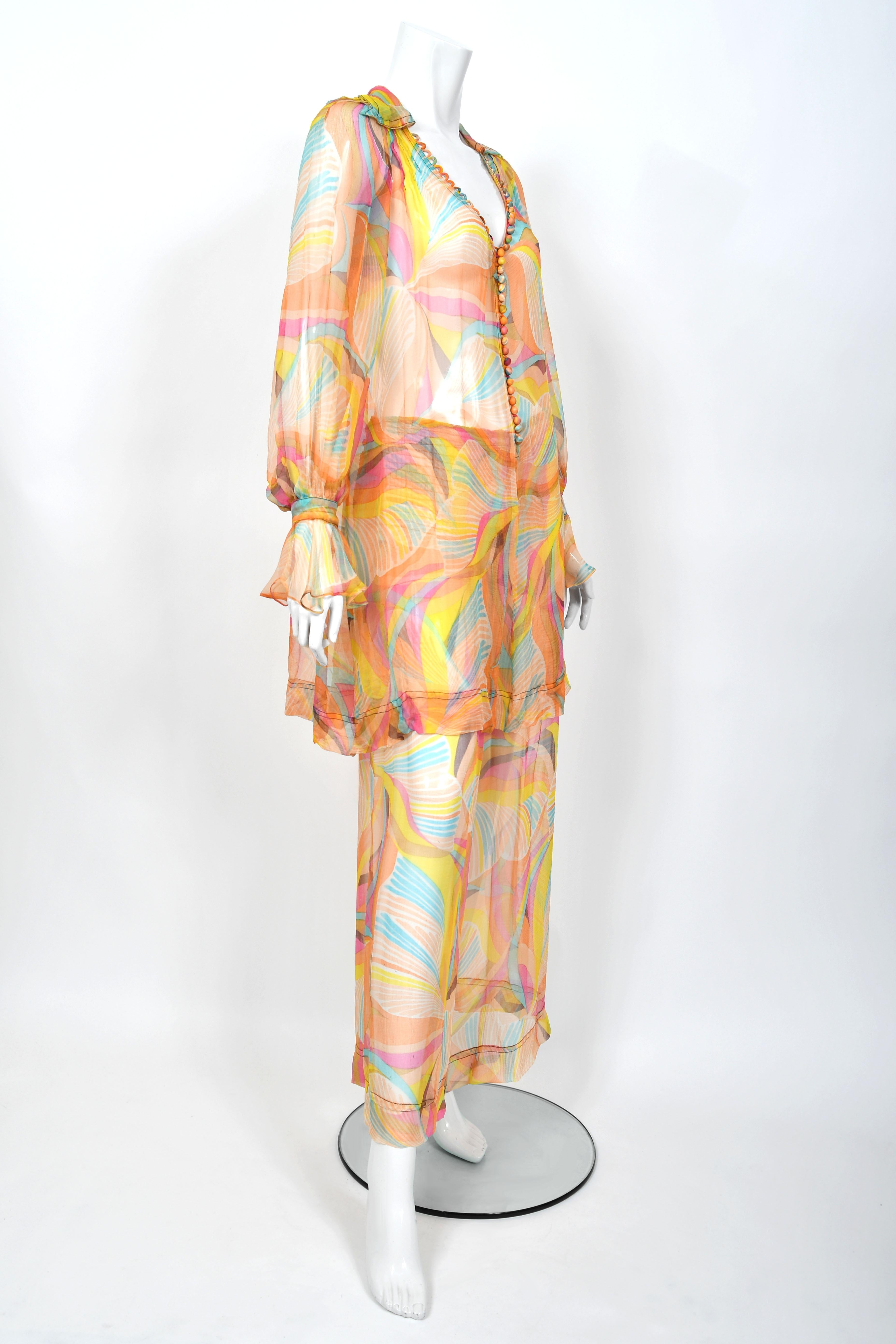 1967 Jean Muir Documented Psychedelic Op-Art Sheer Silk Tunic Mini Dress & Pants For Sale 7