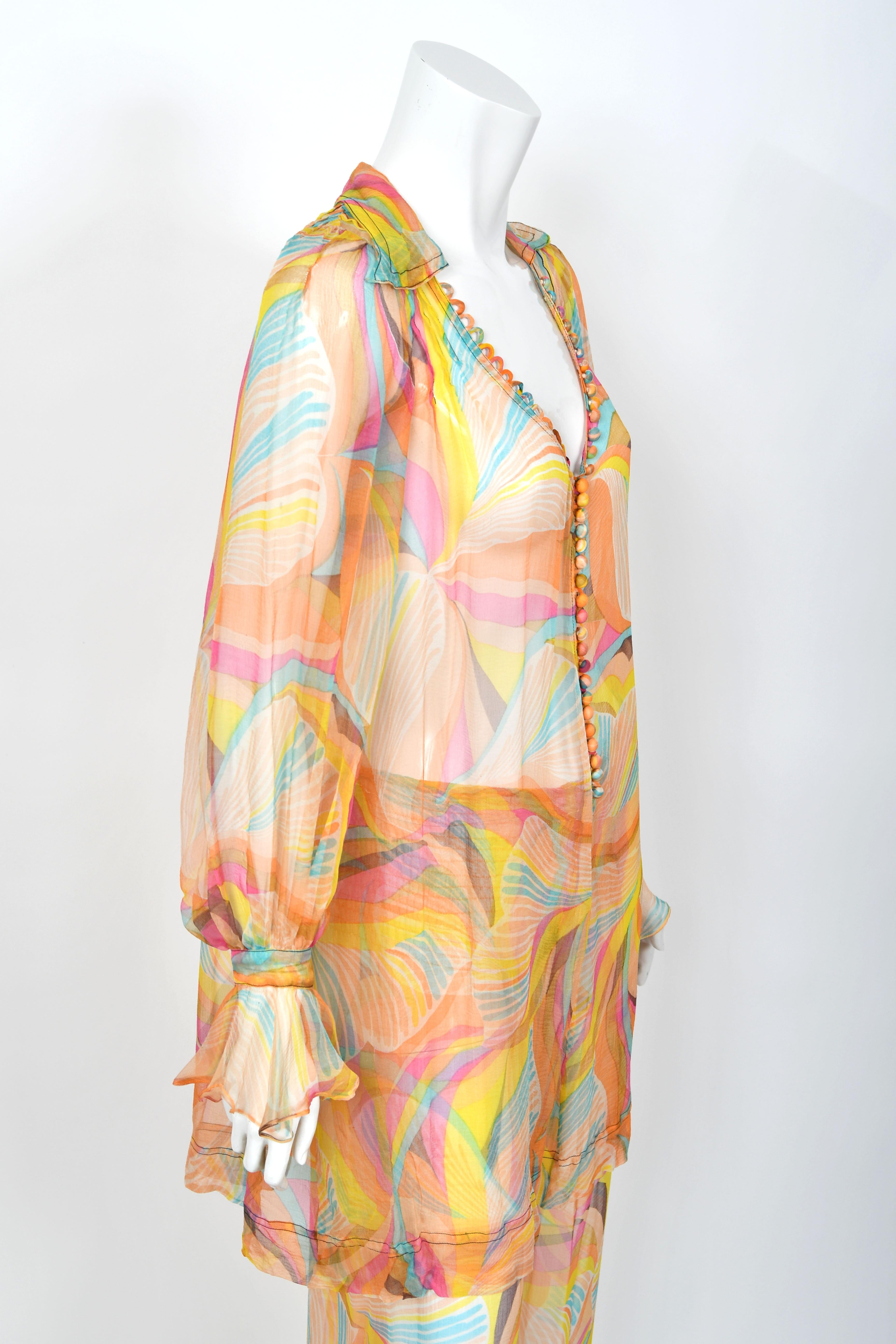 1967 Jean Muir Documented Psychedelic Op-Art Sheer Silk Tunic Mini Dress & Pants For Sale 8