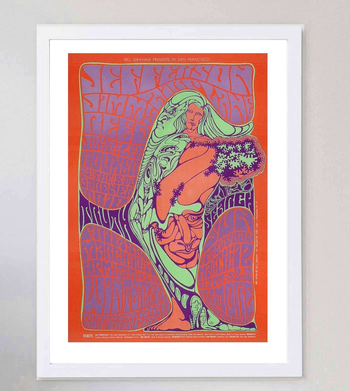 Disegnato dall'artista di poster per concerti Wes Wilson, questo bellissimo poster è stato creato nel 1967 per promuovere un concerto dal vivo dei Jefferson Airplane al famoso Fillmore Auditorium di San Francisco. Gli eventi di Bill Graham come
