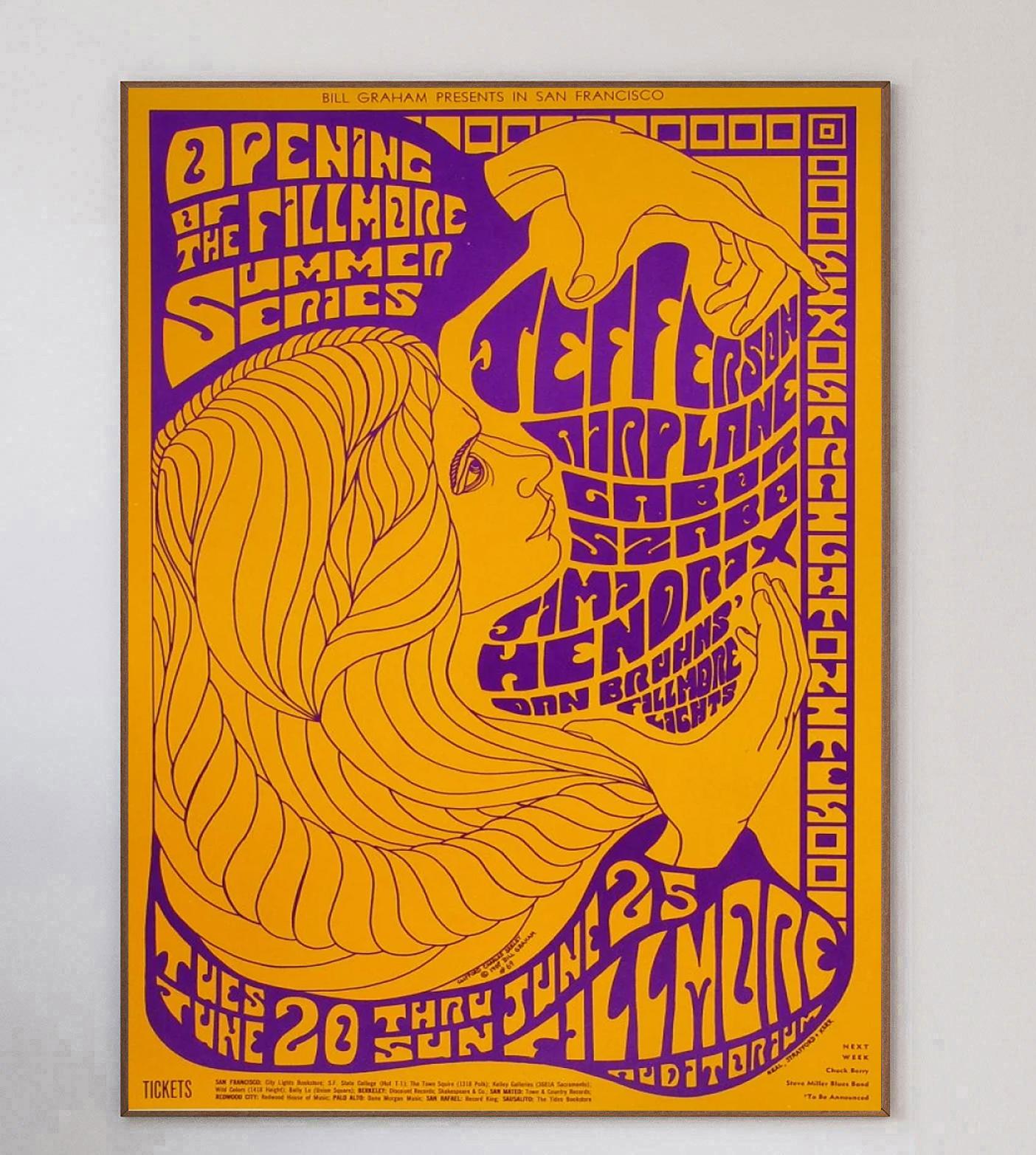 Designed by concert poster artist Clifford Charles Seeley, this beautiful poster was created in 1967 to promote a live concert of Jefferson Airplane & Jimi Hendrix at the world famous Fillmore Auditorium in San Francisco. Bill Graham events such as
