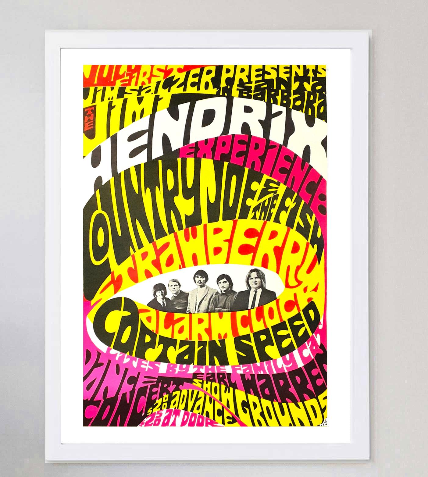 Designed by concert poster artist Richard Tolmach, this beautiful poster was designed in 1967 to promote a live concert of the Jimi Hendrix Experience, Country Joe and the Fish and Strawberry Alarm Clock at the Earl Warren Concert Grounds in Santa