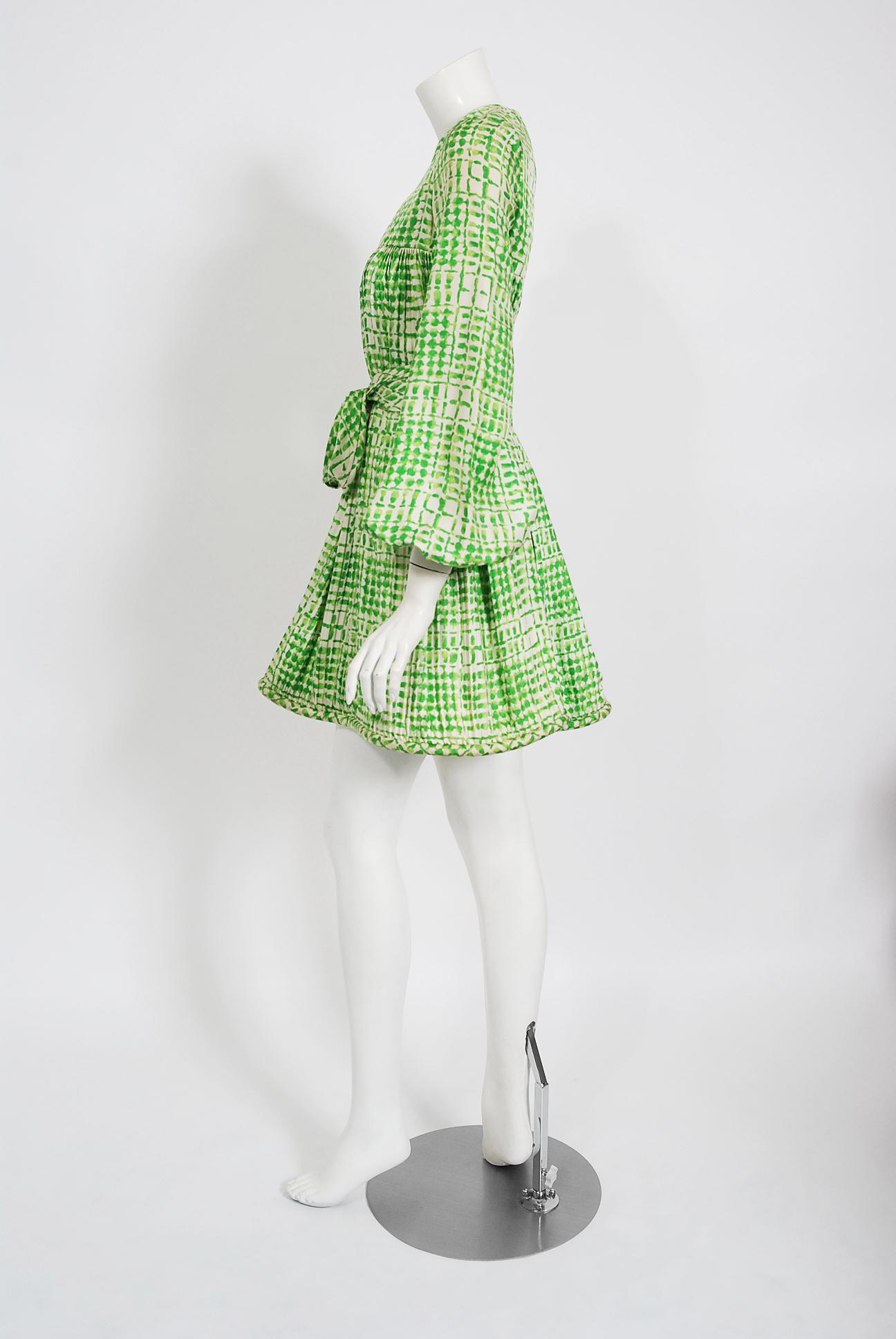 green and white silk dress