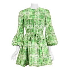 Used 1967 Pierre Cardin Couture Green White Silk Pleated Babydoll Mini Dress