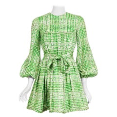 Vintage 1967 Pierre Cardin Couture Green White Silk Pleated Babydoll Mini Dress