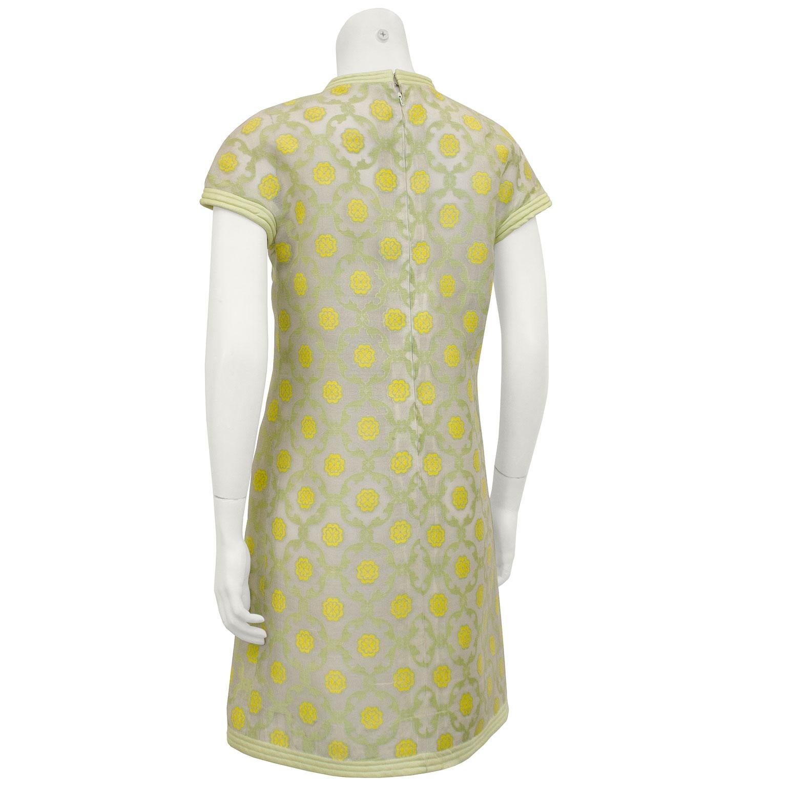 Beige 1967 Pierre Cardin Demi Couture Chartreuse Floral Silk Dress