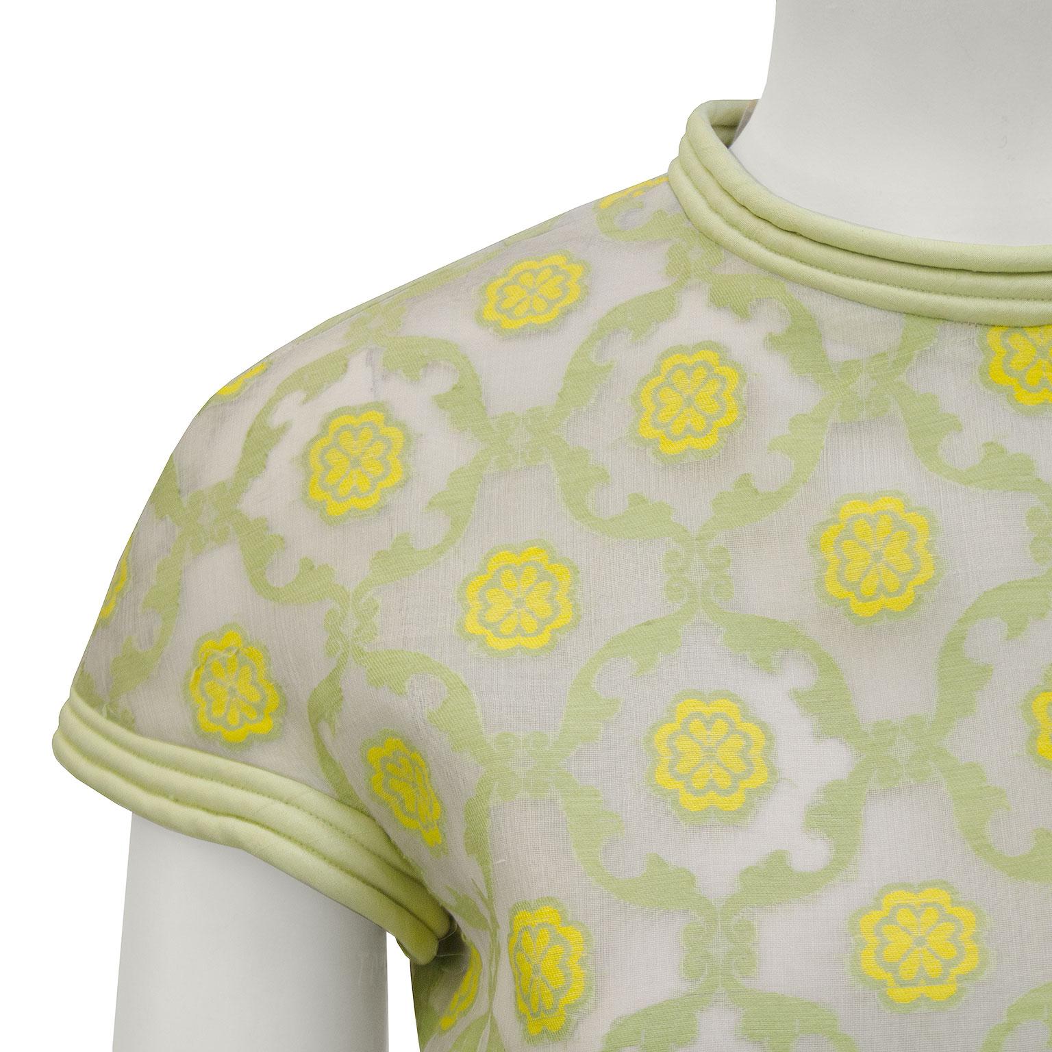 1967 Pierre Cardin Demi Couture Chartreuse Floral Silk Dress In Excellent Condition In Toronto, Ontario