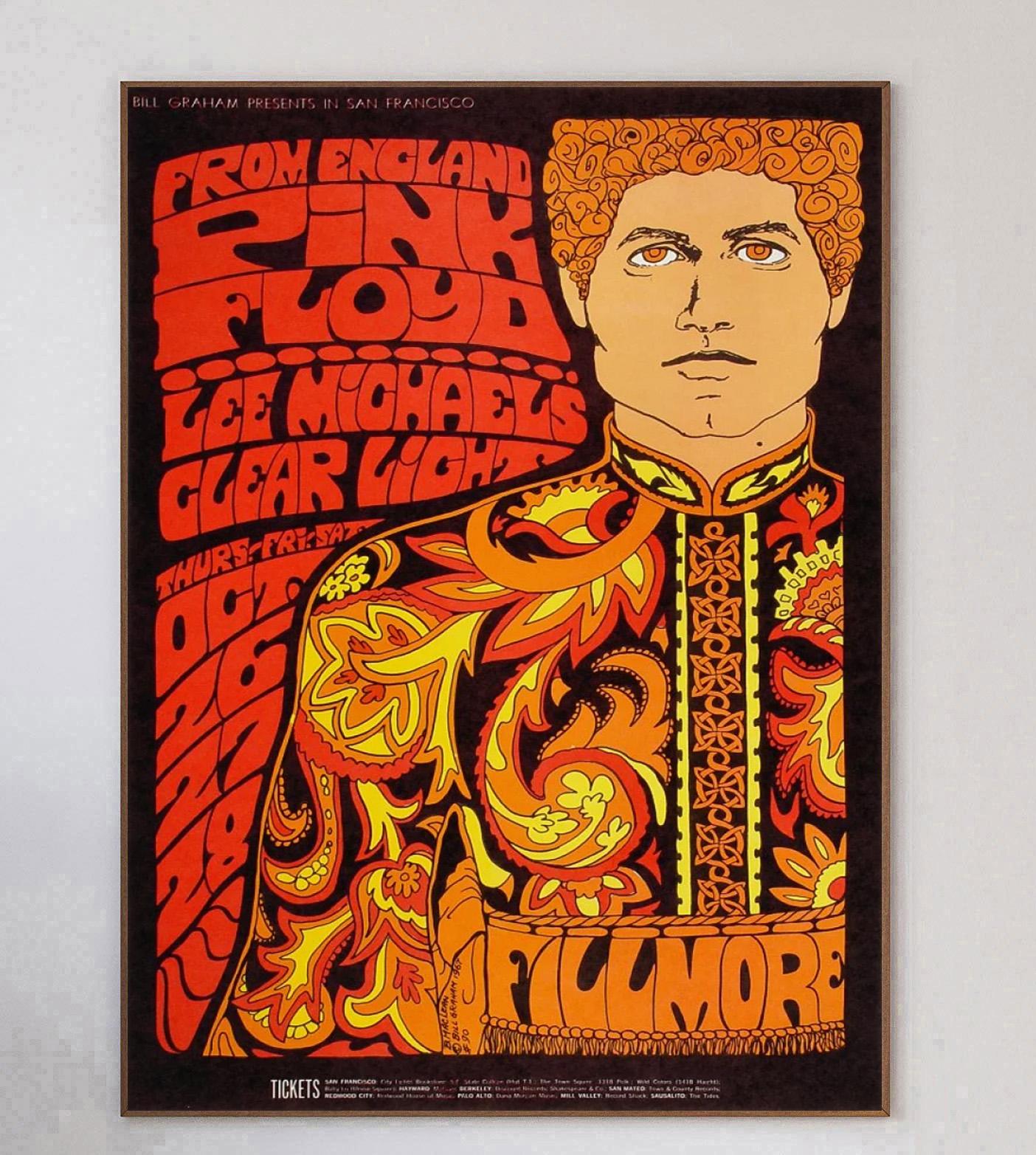Disegnato dall'artista di poster per concerti Bonnie MacLean, questo bellissimo poster è stato creato nel 1967 per promuovere un concerto live dei Pink Floyd al Fillmore di San Francisco. Gli eventi di Bill Graham come questo erano ben noti per la