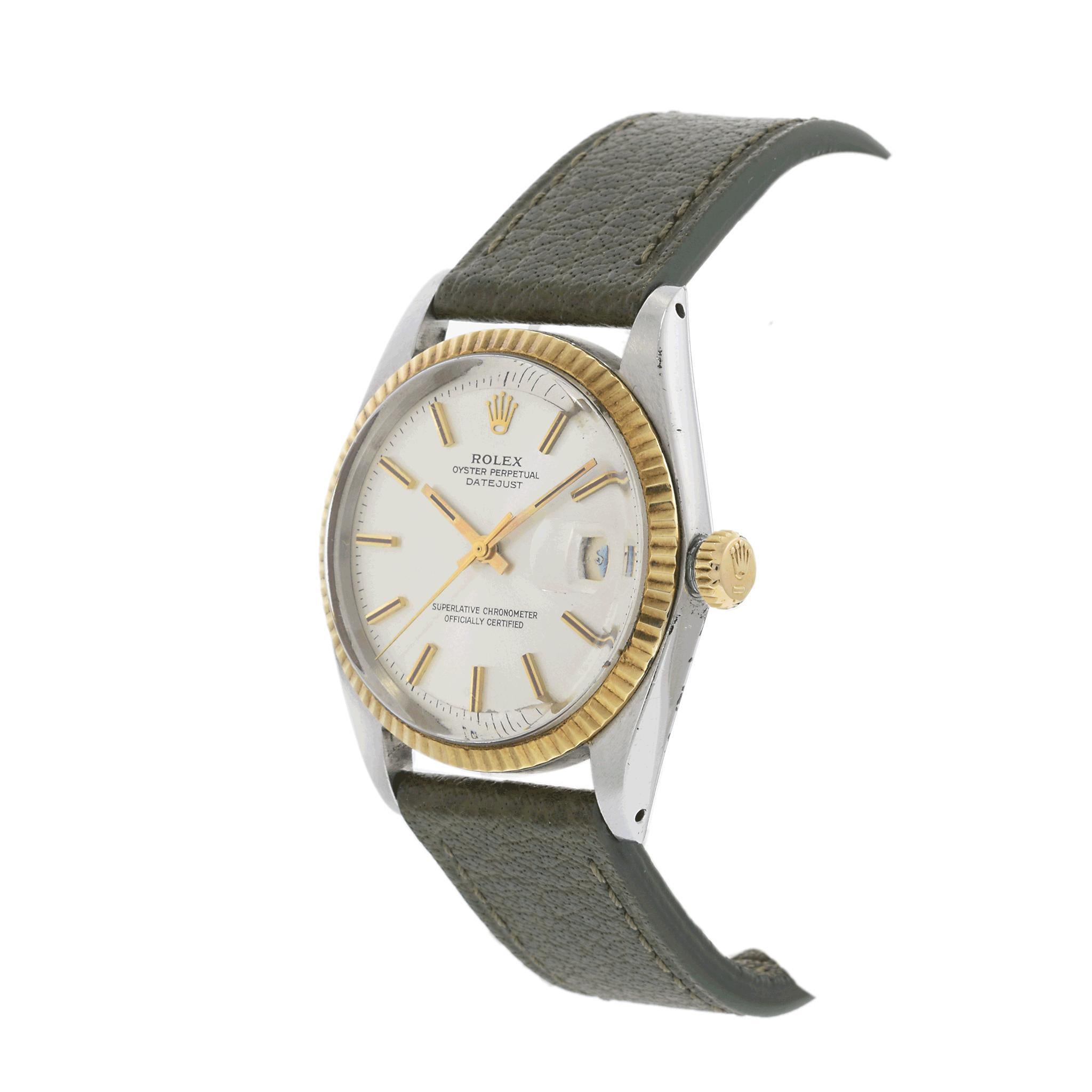1967 Rolex Datejust Ref. 1601, featuring a 36mm stainless steel case complemented by an elegant 18K yellow gold fluted bezel. The silver dial is adorned with raised gold stick markers, offering a refined and sophisticated aesthetic. Powered by an