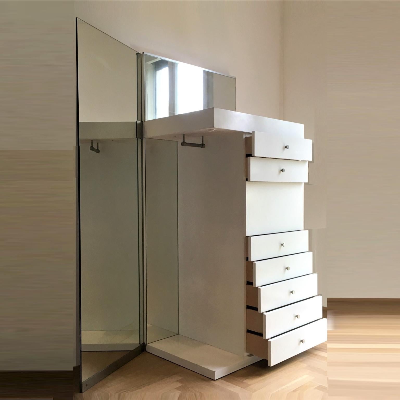 Italian 1967 Salocchi White Lacquered Mirrored High Commode with Light by Sormani, Italy