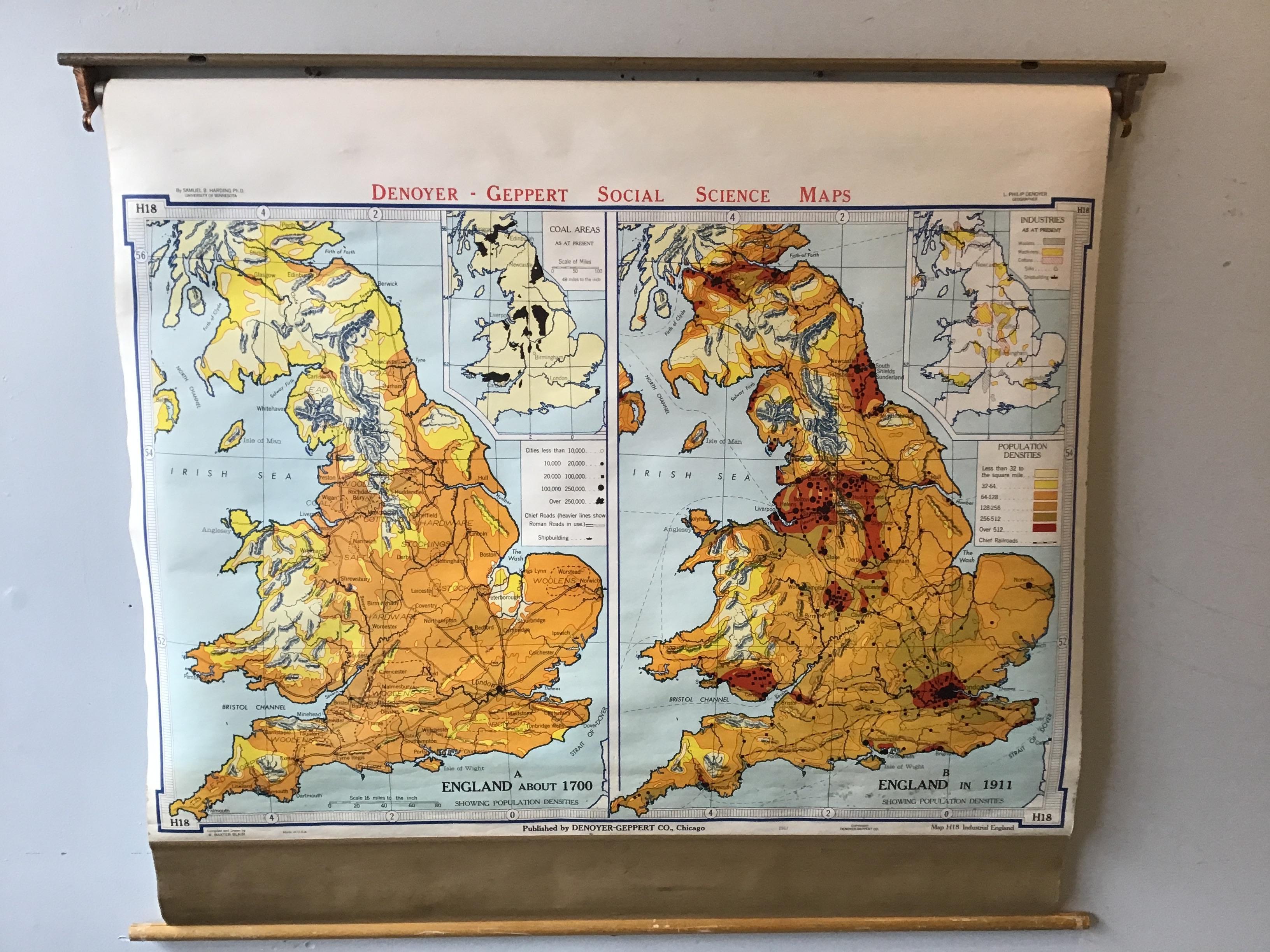 1967 Pull down school map of England.