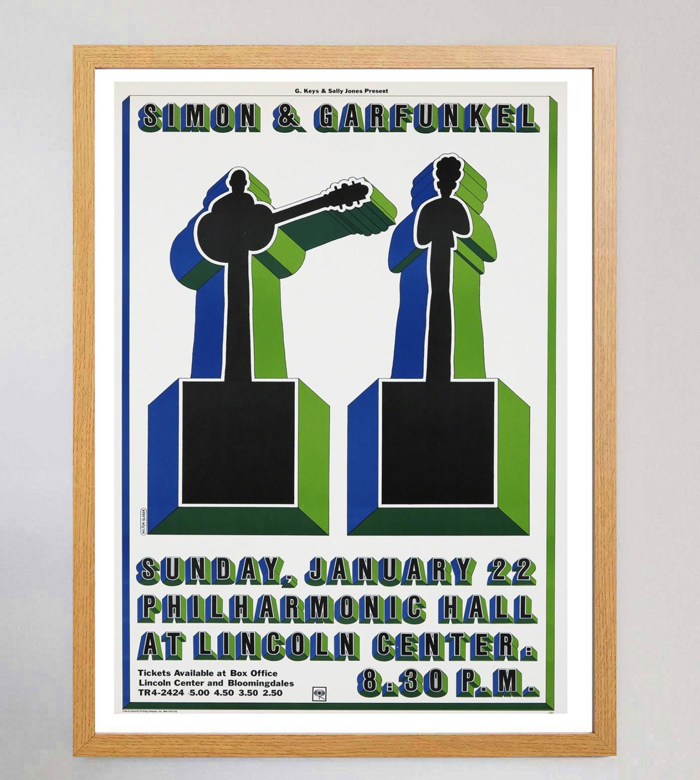 Beautiful lithographic poster created in 1967 to promote Simon & Garfunkel's show at Philharmonic Hall at Lincoln Center in New York City. The concert was held on January 22 1967 at 8:30pm and came just after the release of the legendary folk duo's