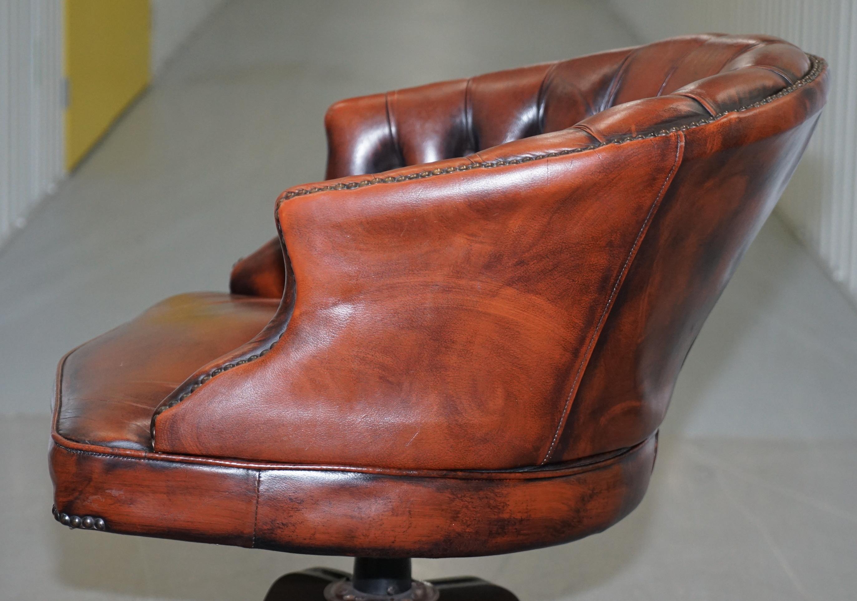 1967 Stamped Aged Brown Leather Chesterfield Brown Leather Captains Office Chair 11