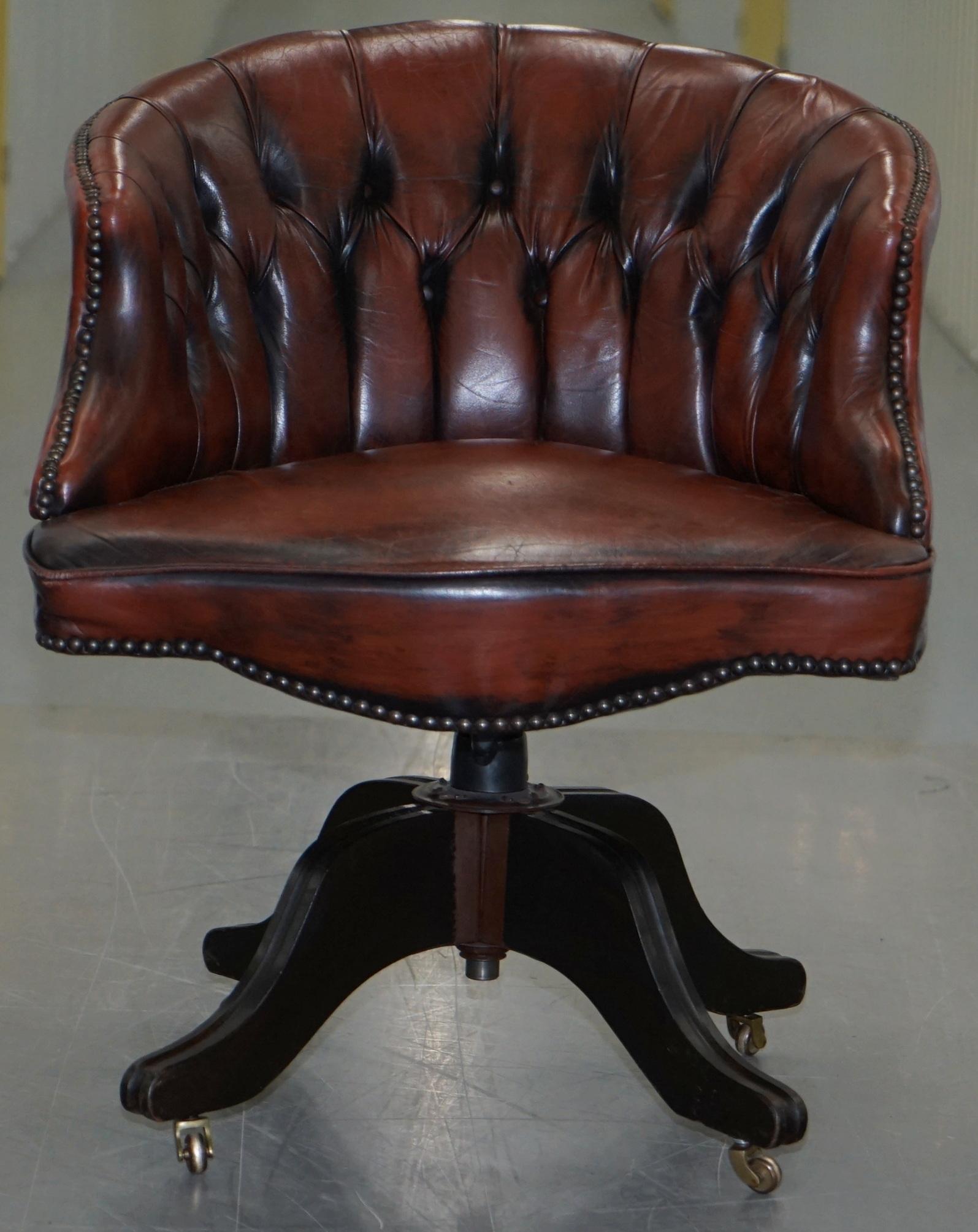 We are delighted to offer for sale this hand made in England 1967 stamped Chesterfield hand dyed brown leather curved back captains chair

This chair is one of a pair, the other is listed under my other items, the only difference is this has a