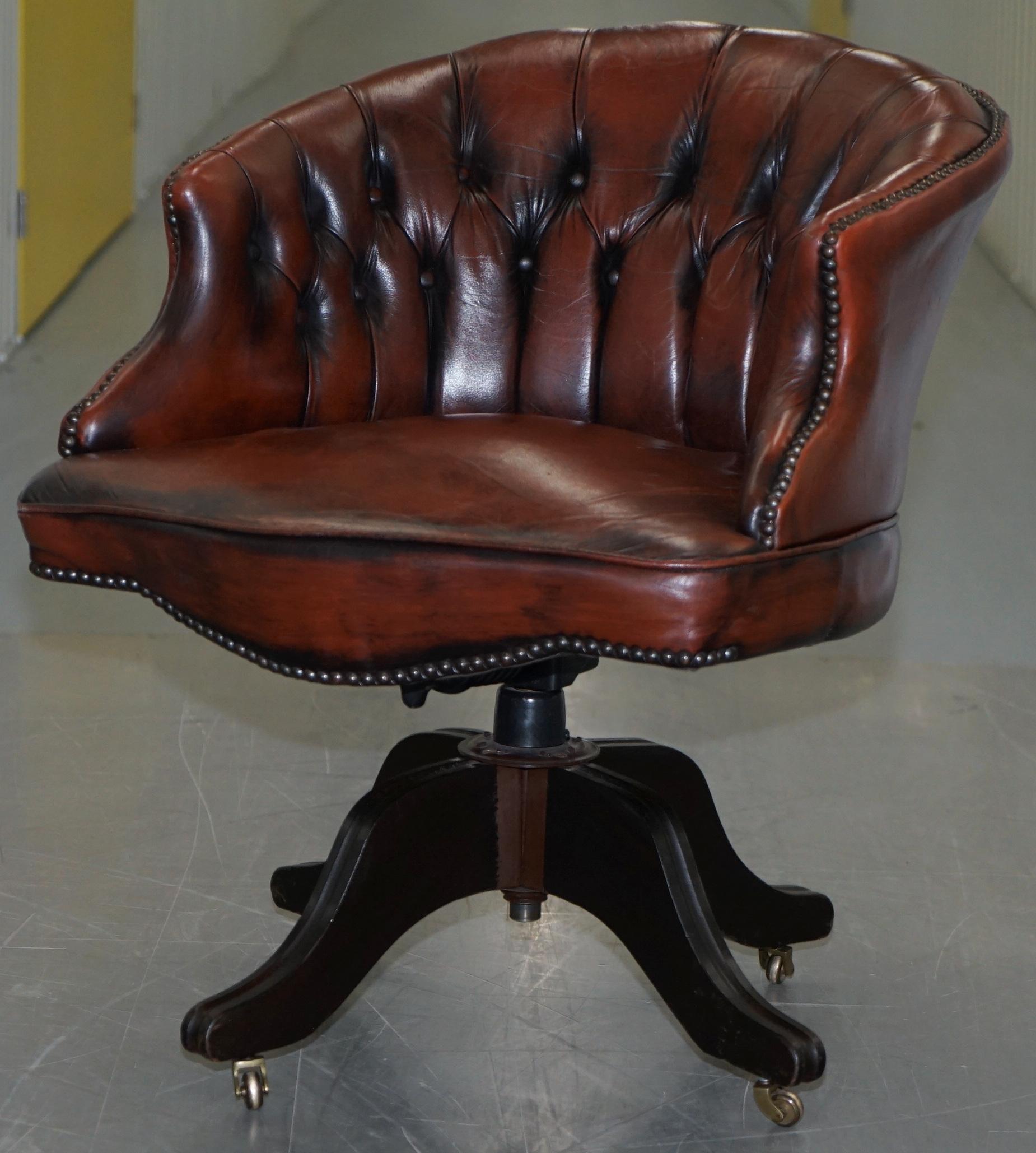 English 1967 Stamped Aged Brown Leather Chesterfield Brown Leather Captains Office Chair