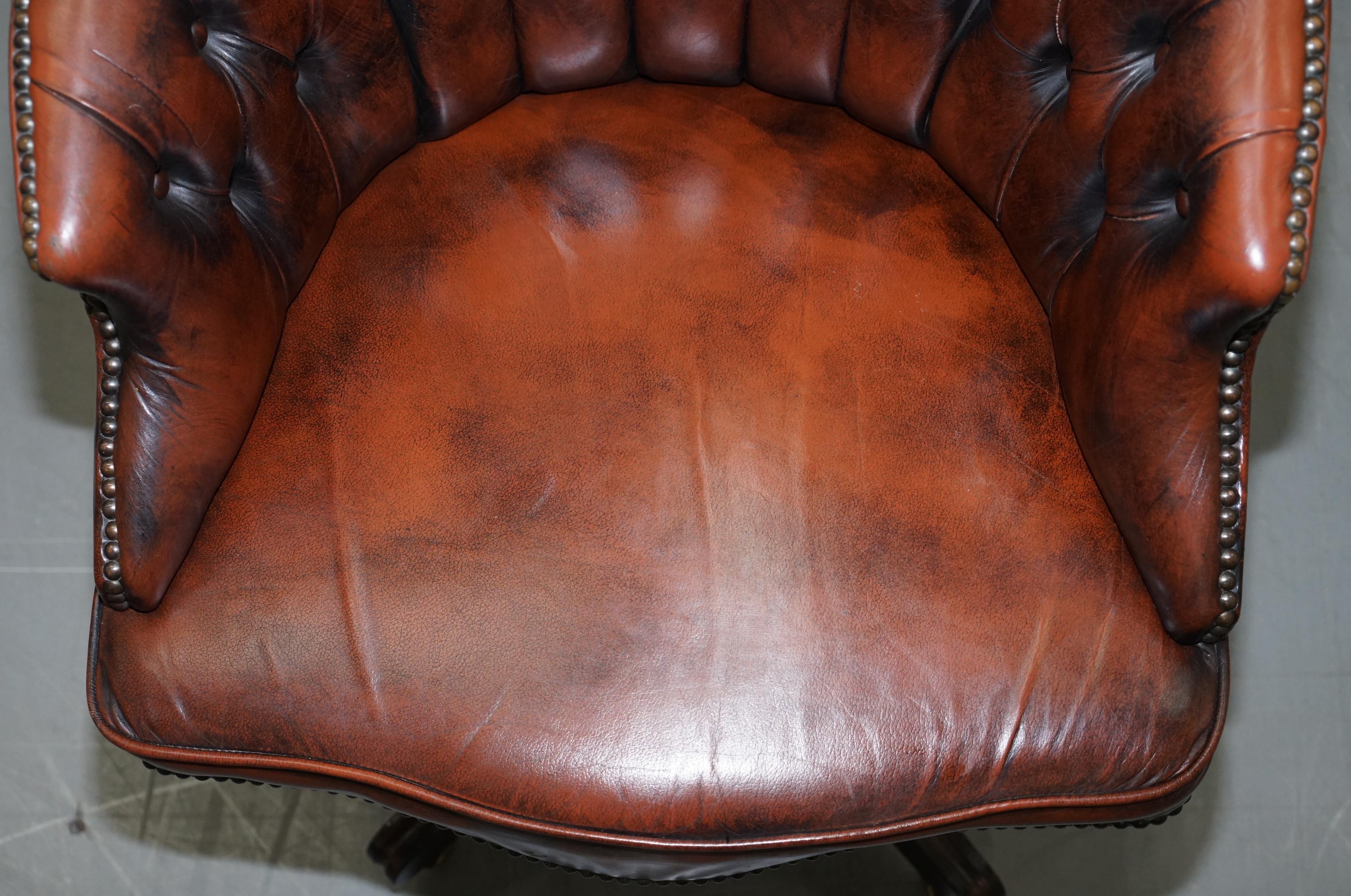 English 1967 Stamped Aged Brown Leather Chesterfield Brown Leather Captains Office Chair