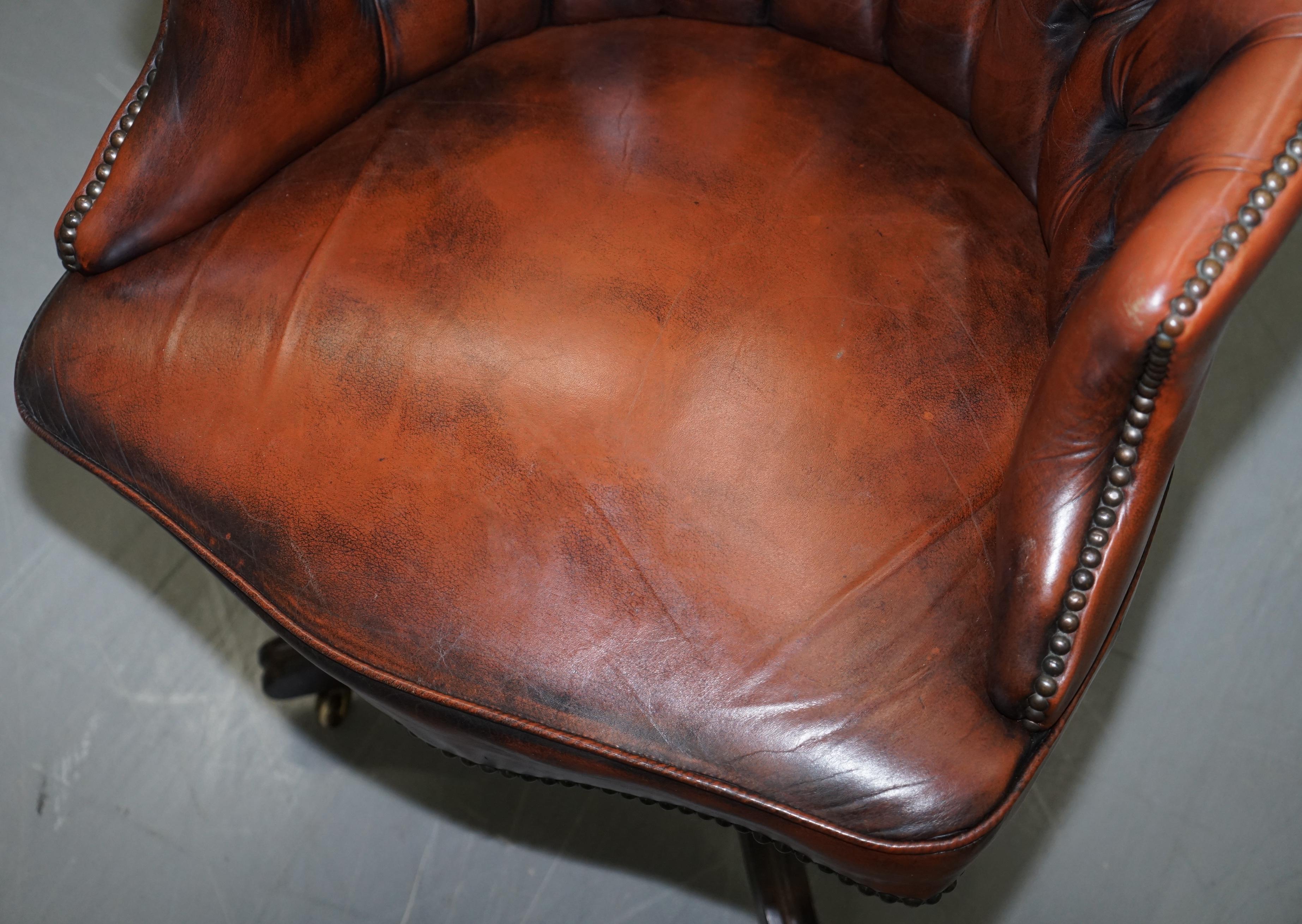 1967 Stamped Aged Brown Leather Chesterfield Brown Leather Captains Office Chair 2
