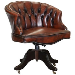 Vintage 1967 Stamped Aged Brown Leather Chesterfield Brown Leather Captains Office Chair