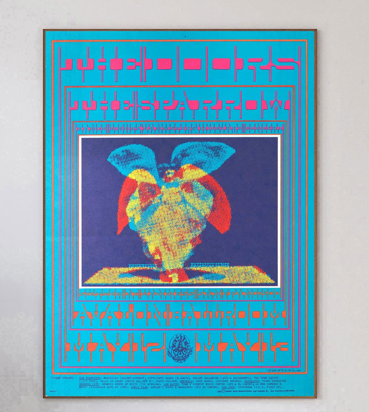 Designed by the iconic concert poster artist Victor Moscoco, this beautiful poster was created in 1967 to promote a live concert of The Doors at the world famous Avalon Ballroom. Bill Graham events such as this were well known for their now iconic