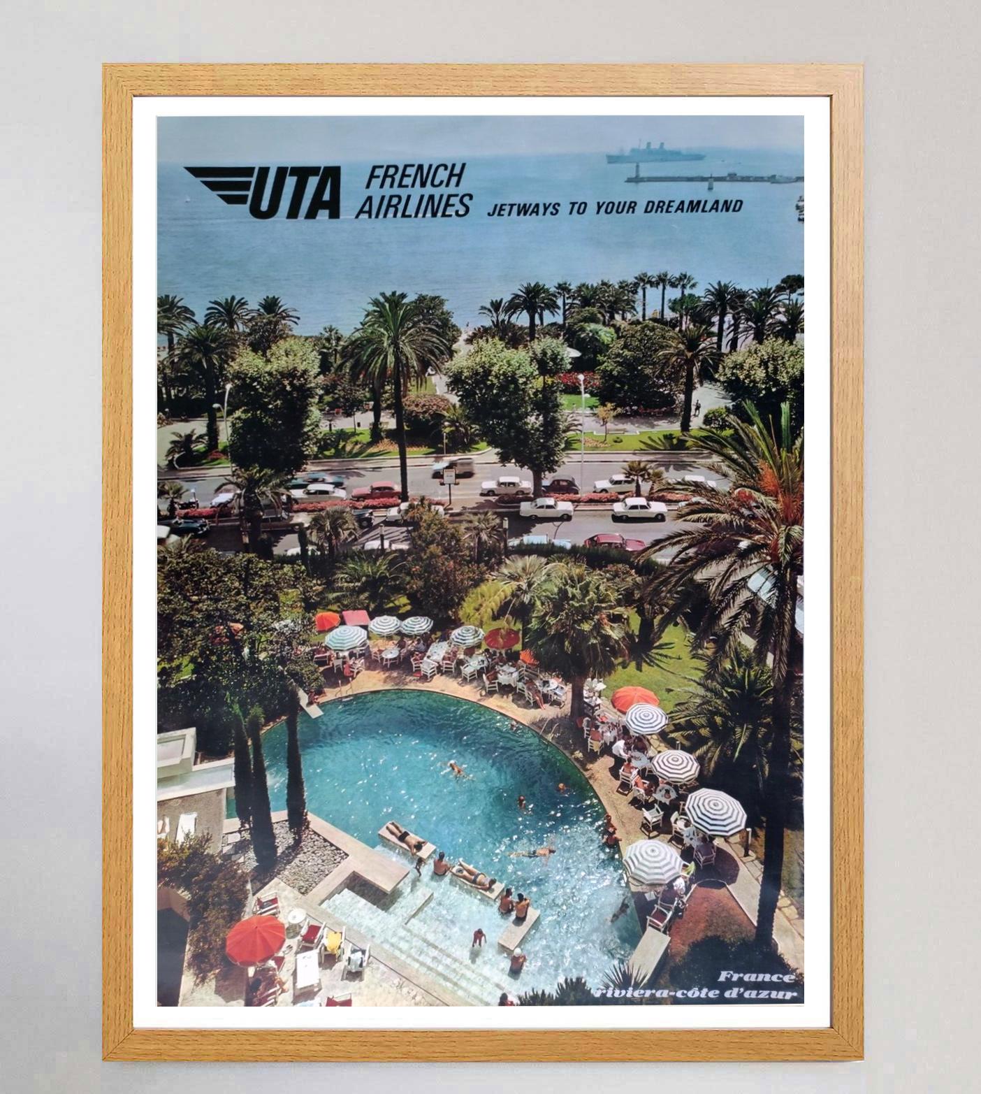 1967 UTA French Airlines - Riviera Cote d'Azur Original Vintage Poster In Good Condition For Sale In Winchester, GB