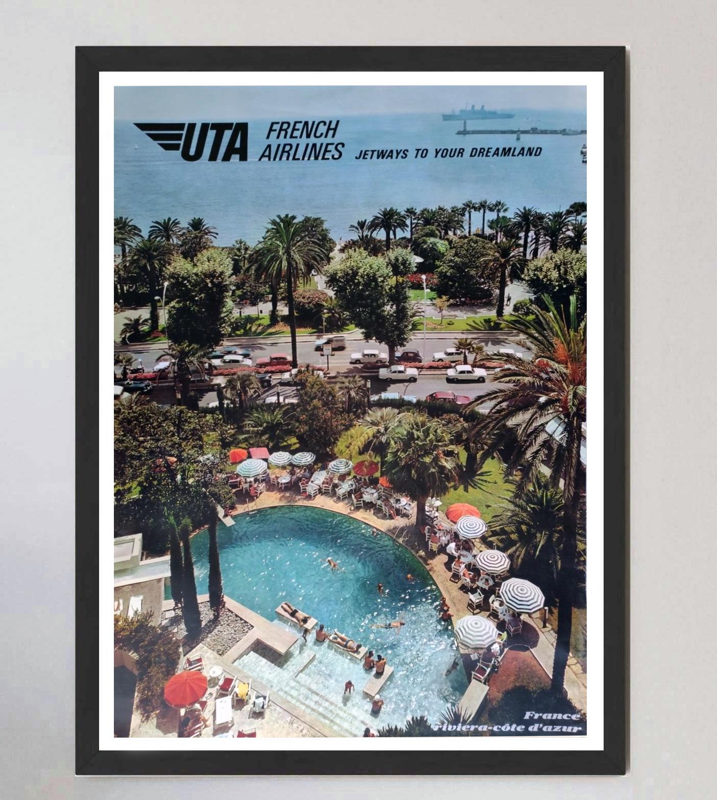 Paper 1967 UTA French Airlines - Riviera Cote d'Azur Original Vintage Poster For Sale