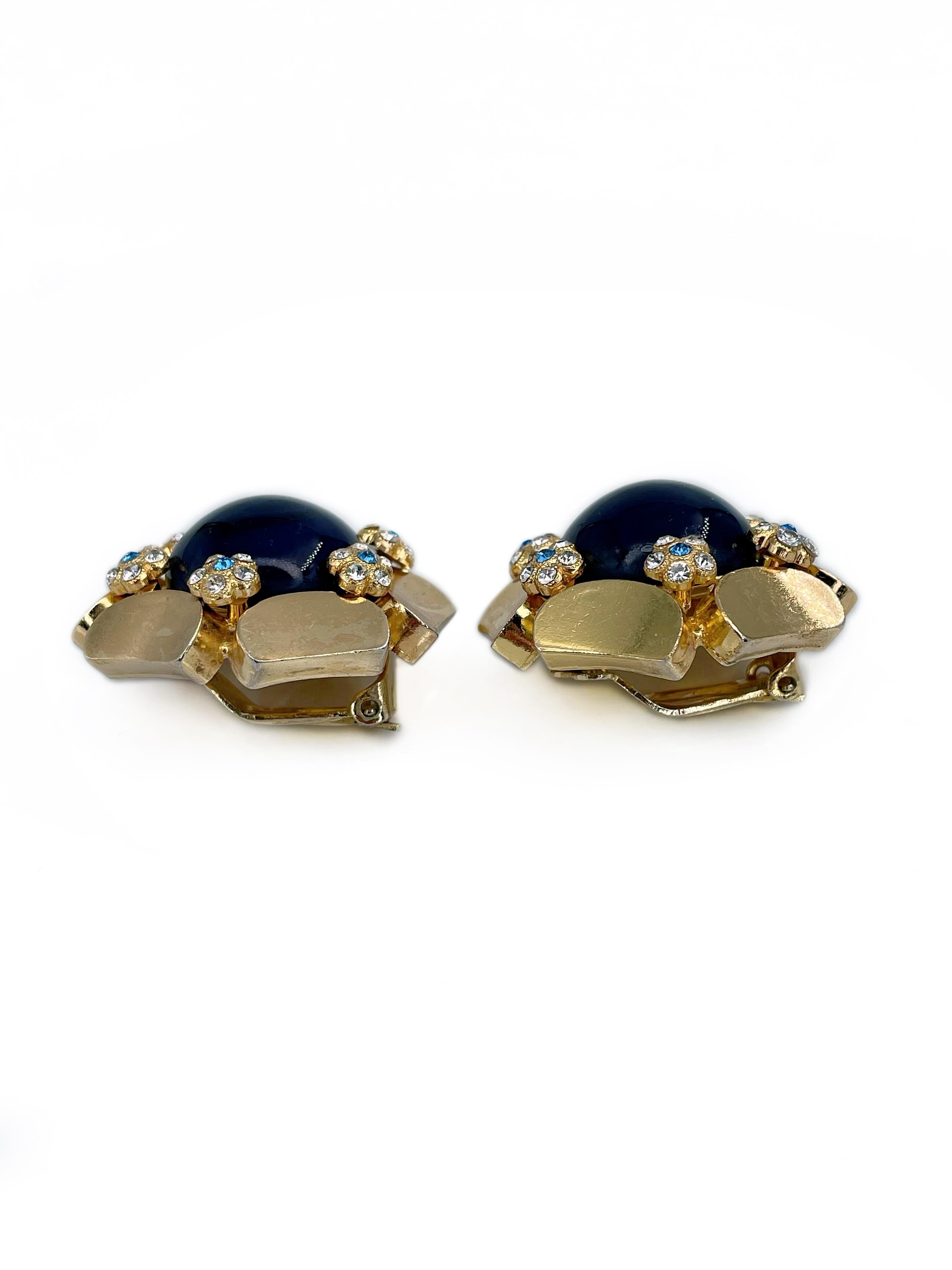 Modern 1967 Vintage Christian Dior Gold Tone Blue Glass Crystal Floral Clip On Earrings For Sale